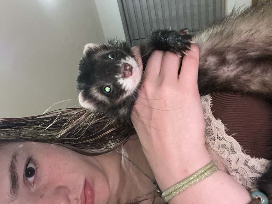 The image depicts an indoor scene in San Bernardino Tlaxcalancingo, Mexico, featuring a domestic ferret held by an individual. The ferret, facing forward, has dark brown fur with lighter cream markings on its face and neck, a pinkish-brown nose, and exhibits prominent green eye-shine from photographic flash, suggesting dampness in its fur. It is held by the visible left hand of a person, whose upper left facial area (dark eye, freckled skin on the nose and cheek, partially open lips) is present on the left side of the frame. This individual wears a thin silver-colored chain necklace, a multi-strand light green bracelet, and a turquoise-colored bead or ring on the left wrist. A brown ribbed garment with a light-colored lace trim is visible on the individual's upper body. The background is indistinct and out of focus, showing a light-toned surface with horizontal lines, consistent with window blinds or paneling.