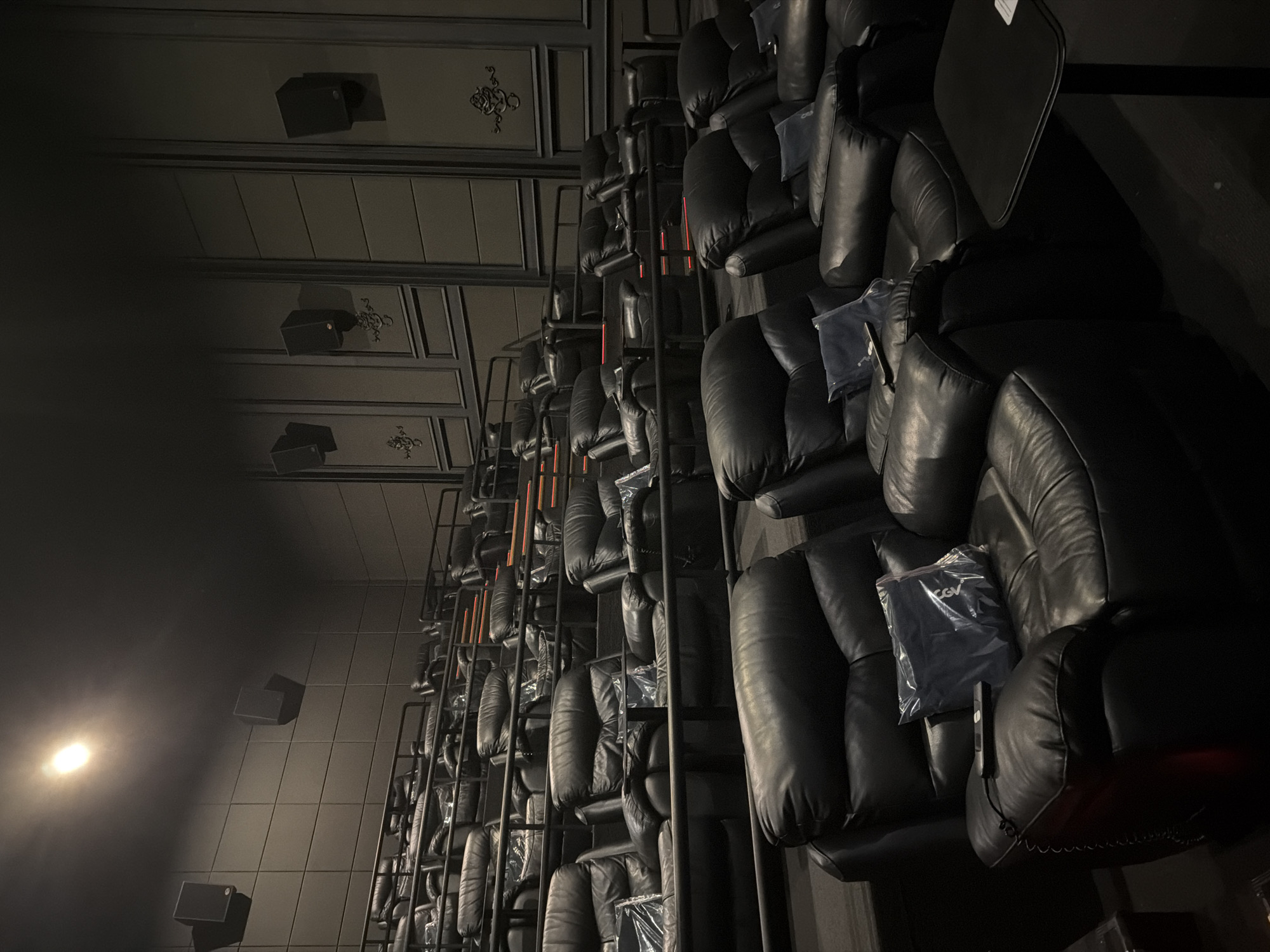 The image depicts the interior of a movie theater. Rows of black leather recliners are visible, some with plastic coverings on them. Metal railings separate the rows. The wall features speakers and decorative moldings. The light source, presumably a projector or exit sign, is located on the left side of the image. The location is unspecified, with the city listed as Unknown, Unknown.