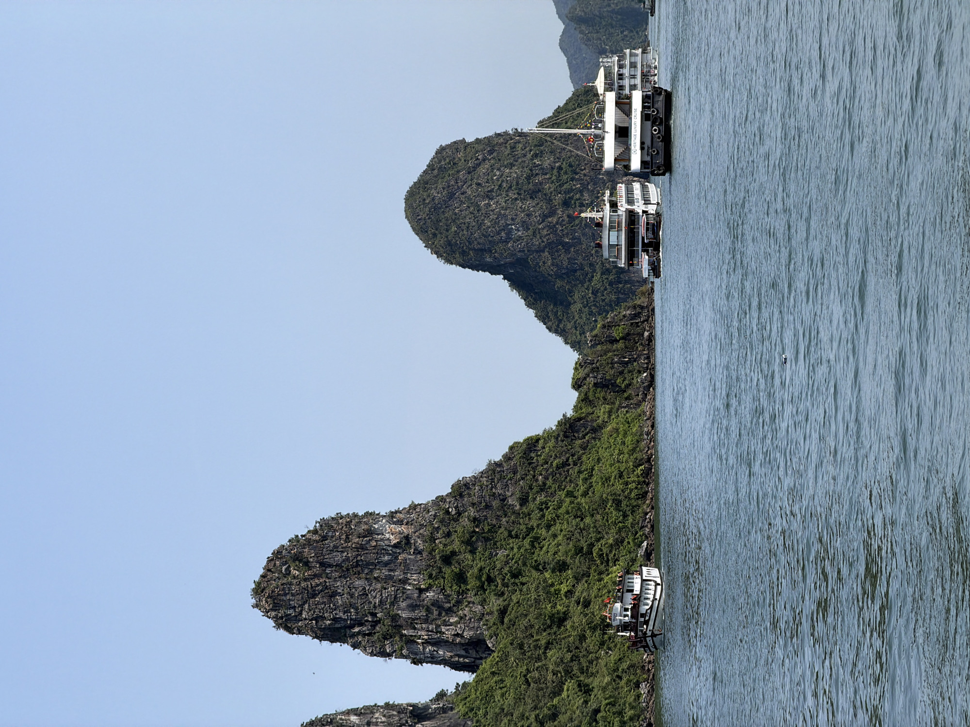 This image captures a serene bay scene in what appears to be Tuan Chau Ward, Vietnam, characterized by majestic limestone karsts rising from the water. The sky is a clear, light blue, suggesting a bright and sunny daytime. The water, a calm blue-green, shows gentle ripples across its surface.
The landscape is dominated by several large, steep-sided karsts, densely covered in rich green vegetation. These natural formations stretch across the midground and background, creating a dramatic and picturesque setting.
Several cruise boats are visible on the water, indicating active tourism or leisure. Two larger, multi-decked white boats with dark hulls are positioned closer to the karsts in the middle-right of the frame. One of these boats clearly displays the text "HERITAGE LUXURY CRUISE" on its side, identifying it as a tourist vessel. Another smaller white boat is visible further to the left, near another karst. The boats appear to be either cruising or anchored, suggesting a tranquil exploration of the bay. No specific people are discernible, but their presence is implied by the active cruise boats. The overall ambiance is one of natural beauty and peaceful exploration under clear weather conditions.