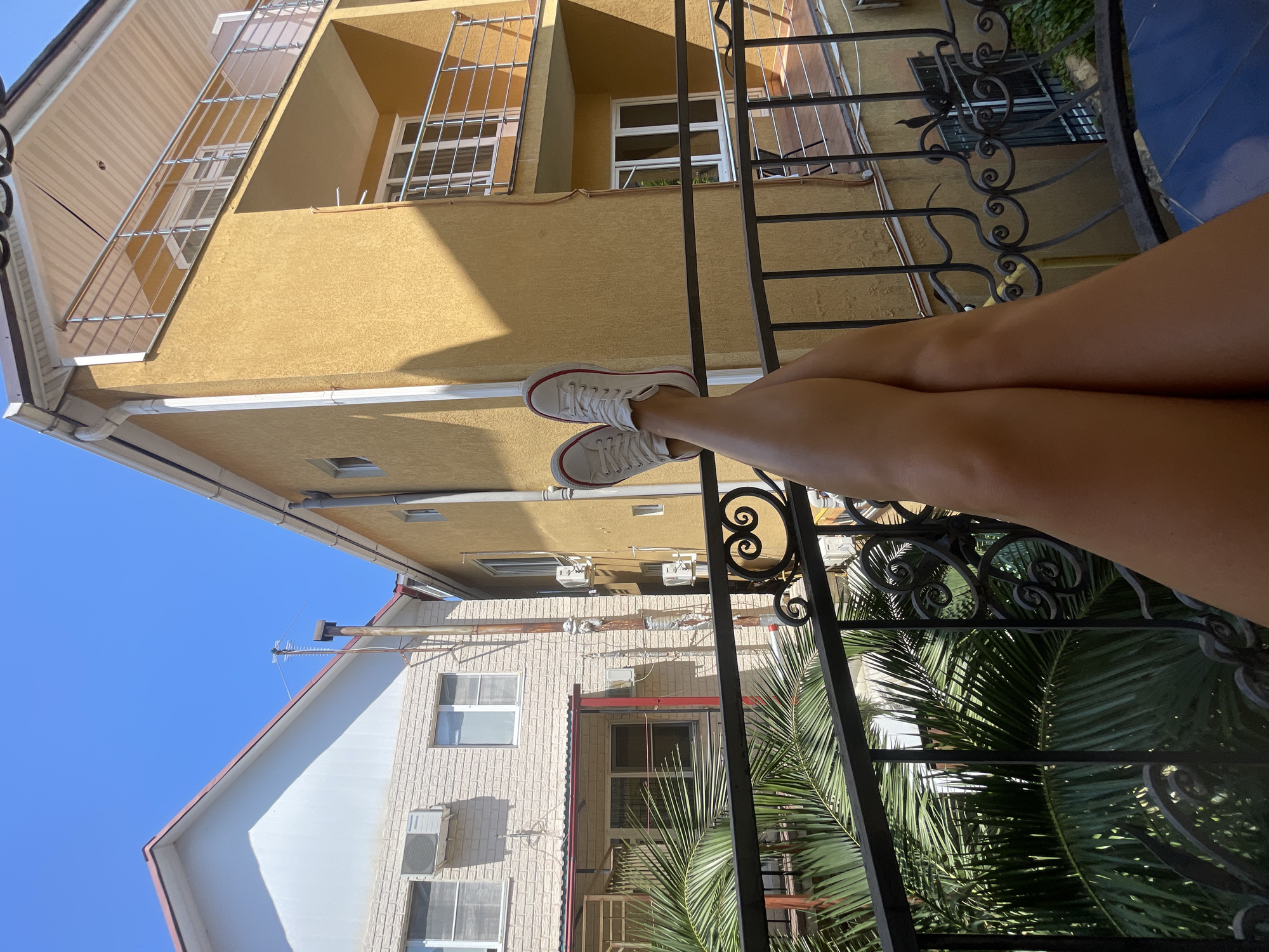The image shows a person's legs and feet, clad in white Converse sneakers, resting on a balcony railing. The person is sitting, with their legs extended towards the viewer. The background features a multi-story building with a yellow facade, visible windows with metal grates, and a white section on a lower floor. A black wrought-iron railing with decorative scrollwork runs across the foreground and mid-ground. Lush green palm fronds are visible through the railing, suggesting a warm climate. The sky is a clear, bright blue, indicating a sunny day. The overall impression is one of relaxation and enjoying a warm day on a balcony. The image appears to be taken in Sochi, Russia, given the mention of palm trees and architecture commonly found in the region. No visible text is present in the image.