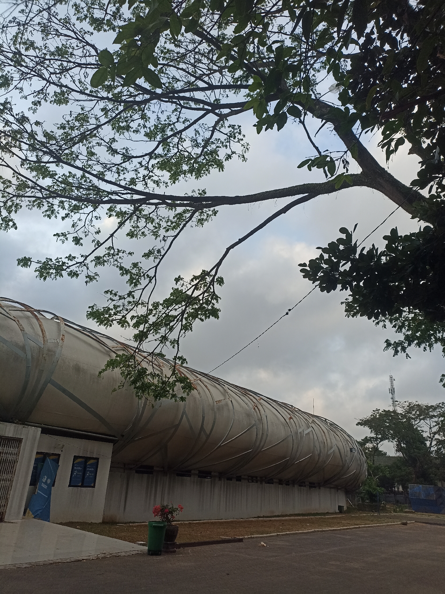 In Mojopanggung, Indonesia, a large, curved, metallic structure, possibly a storage tank or silo, dominates the mid-ground of the image. The structure is light gray with darker bands circling its circumference, and it rests on a white wall. To the left of this structure is a small, white building with two windows and a blue door. Adjacent to the building, a green trash can and a potted plant with red flowers are visible. The foreground is an asphalt surface. Above the structure, a large tree with dark green leaves and branches extends across the top half of the frame, partially obscuring the cloudy sky. In the distance, more trees and a telecommunications tower are visible. The overall scene appears to be an outdoor industrial or storage area.