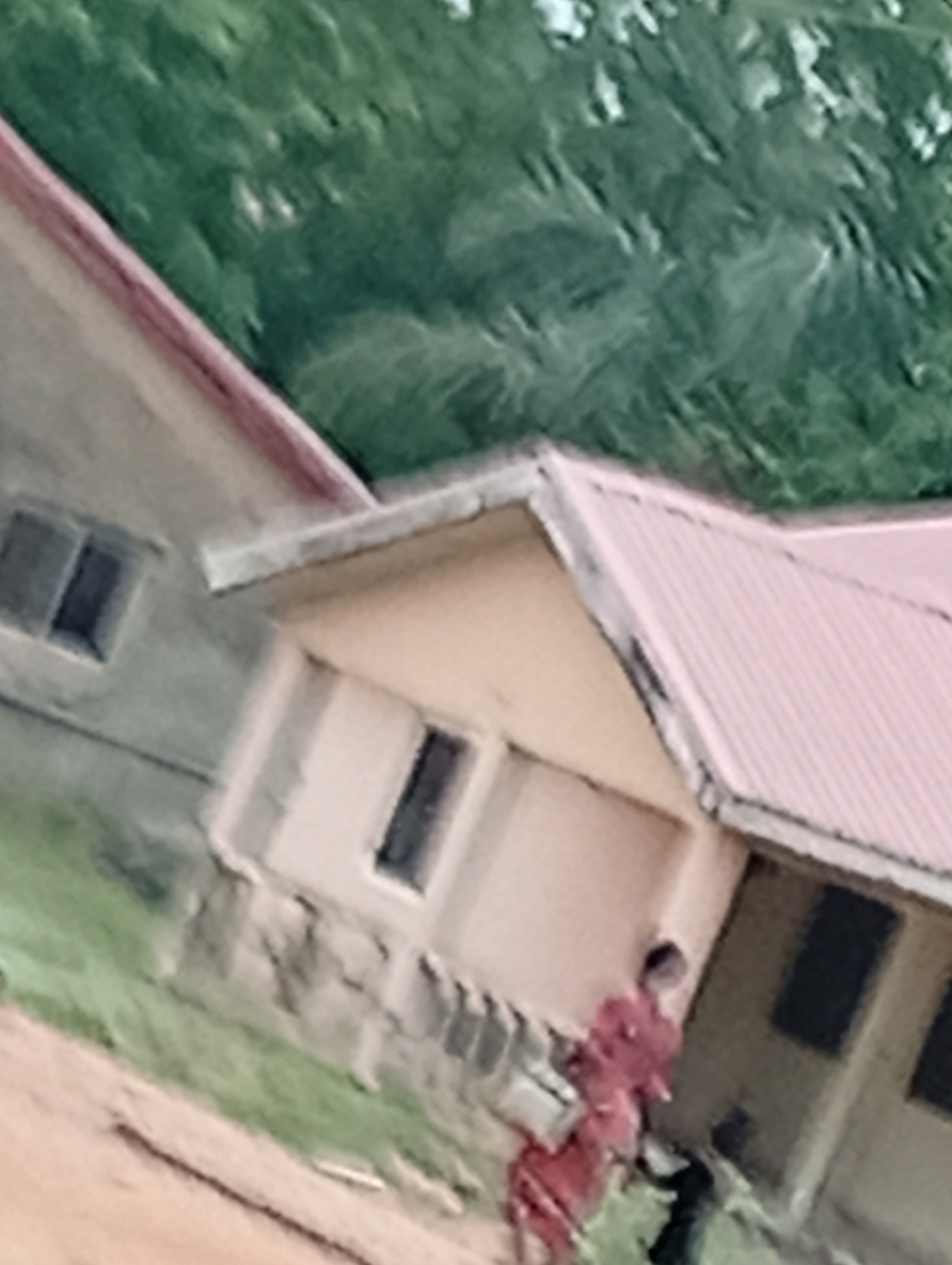 This outdoor image captures a residential or semi-urban scene in Adankolo, Nigeria, featuring buildings, green foliage, and at least two individuals. The perspective is tilted, with the ground sloping from the bottom left to the top right.
In the foreground, a bare earth or dirt road is visible. Towards the center-right, a person, possibly a child or young adult, is seen wearing a bright red outfit. They appear to be in motion, possibly walking or pushing something, though details are indistinct due to the low resolution and blur. A second, darker-clad individual is partially visible behind or next to the first person, further obscured.
Two buildings are prominent in the midground. The building on the right has a light-colored, possibly beige or light yellow, facade with a corrugated red metal roof. It features at least two dark, rectangular windows or openings. The building on the left is partially visible, appearing to be an older structure with a similar or slightly darker facade and a red-toned roof. A window with dark panes is visible on this building.
Behind the buildings, a dense canopy of green foliage, likely trees or bushes, fills the background, suggesting a lush environment. The lighting indicates it is daytime, though the absence of strong shadows suggests an overcast sky or perhaps early morning/late afternoon. No discernible text is visible anywhere in the image. The image quality is low, characterized by blurriness and pixilation, especially noticeable in the details of the people and the foliage.