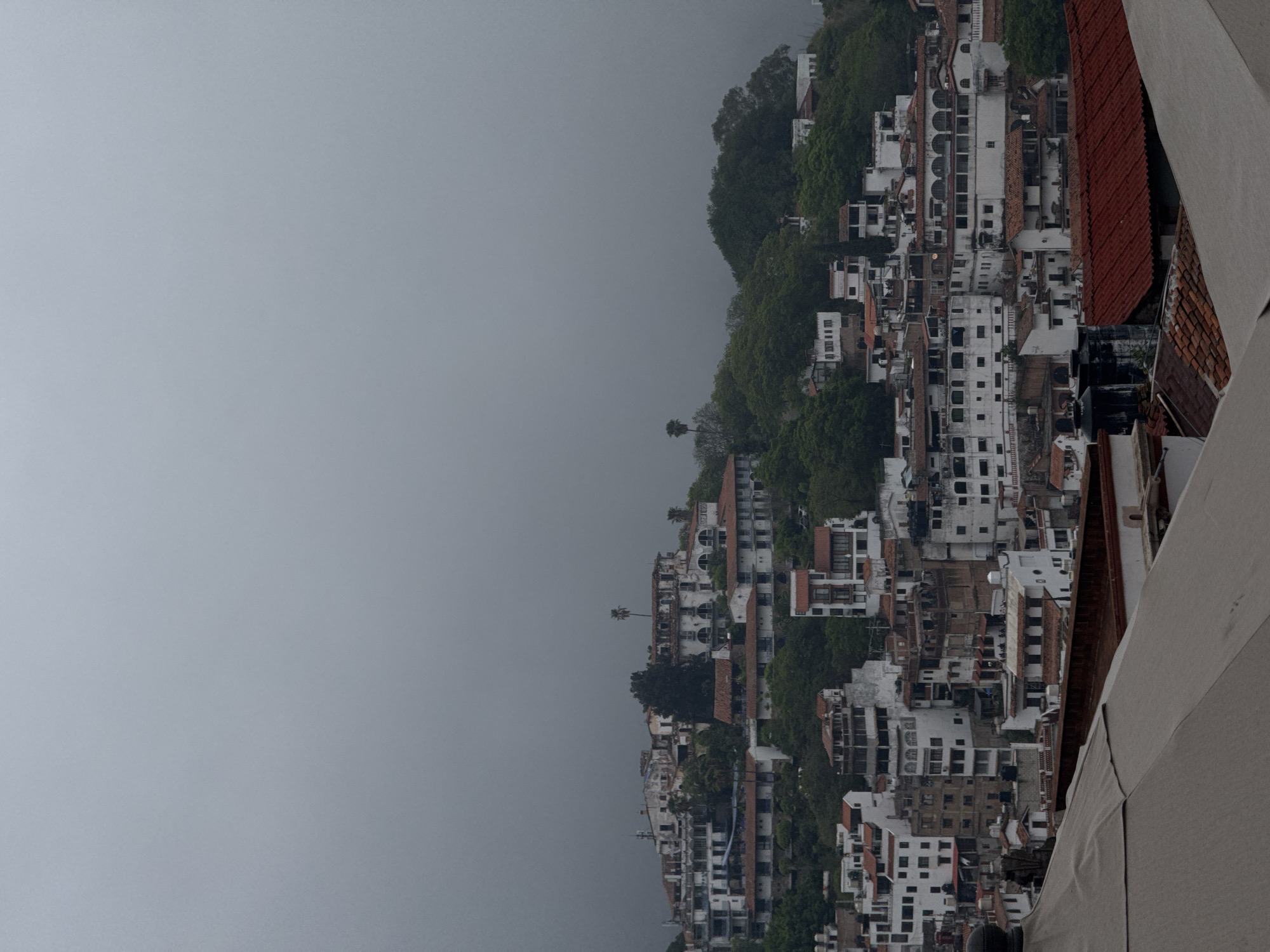 The image is an exterior, eye-level, medium shot of a dense hillside town in Taxco, Mexico, on a foggy, overcast day. The scene is dominated by white buildings with red-tiled roofs, many of which appear aged and somewhat dilapidated. The architecture is varied, with multiple stories and a mix of balconies, windows, and arched openings. Lush green trees are interspersed throughout the buildings, indicating a hilly or mountainous terrain. In the foreground, a portion of a light-colored awning and some red-tiled roofs of lower structures are visible. The sky is a uniform, hazy gray, suggesting a lack of direct sunlight. No people are clearly discernible within the frame. The overall impression is one of a sprawling, historic urban settlement nestled into a natural landscape, shrouded in a muted, atmospheric light.