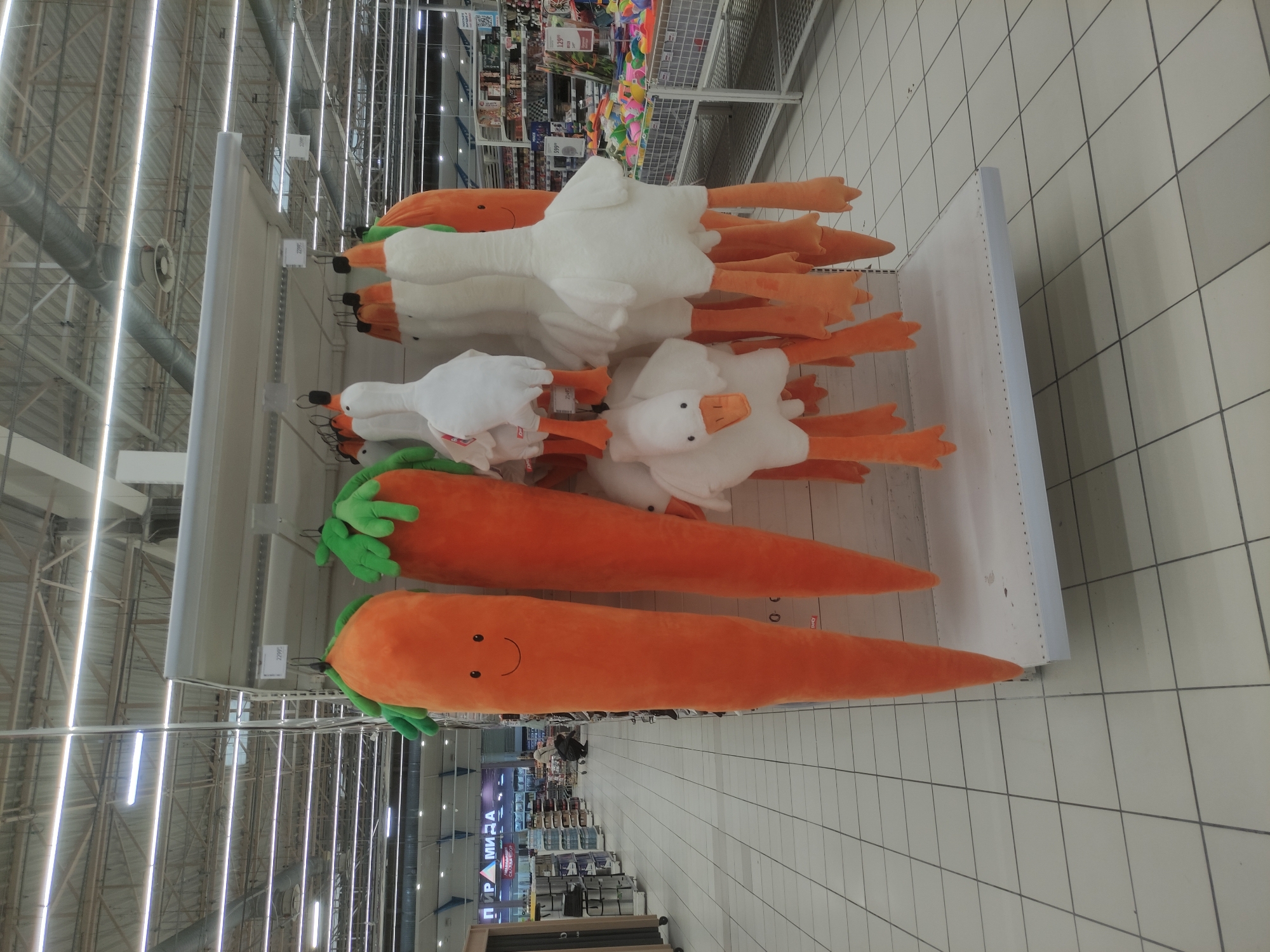 The image shows a shelf in a store in Mytishchi, Russia, stocked with large plush toys. The bottom two shelves are filled with orange plush carrots, one with a smiley face. Above the carrots are shelves filled with white plush geese with orange legs and beaks. The store appears to be a large retail space with overhead lighting and tiled floors. The view extends down the aisle showing more shelves and merchandise.