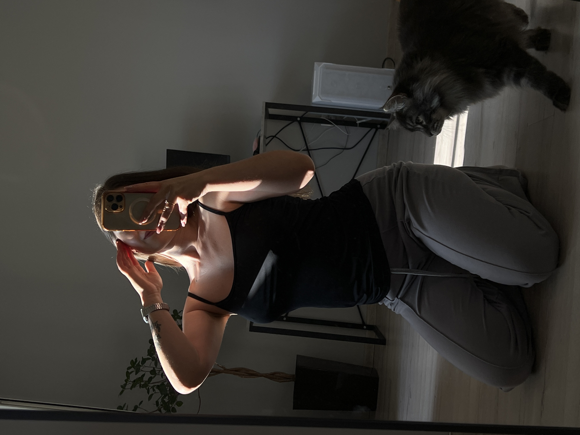 A young woman is kneeling on a wooden floor, taking a mirror selfie. She is wearing a black tank top and grey sweatpants. Her right arm is raised, touching her head, and her left hand holds a smartphone, also used to capture the image. The scene is illuminated by natural light streaming in from the left, casting shadows across the room. In the background, a potted plant stands near a window. A desk with a computer monitor and cables is visible behind the woman. To the right of the woman, a fluffy grey cat is walking away from the camera. The overall environment suggests an indoor residential setting. The city of Ternopil, Ukraine, is not discernible from the visual elements present in the image.