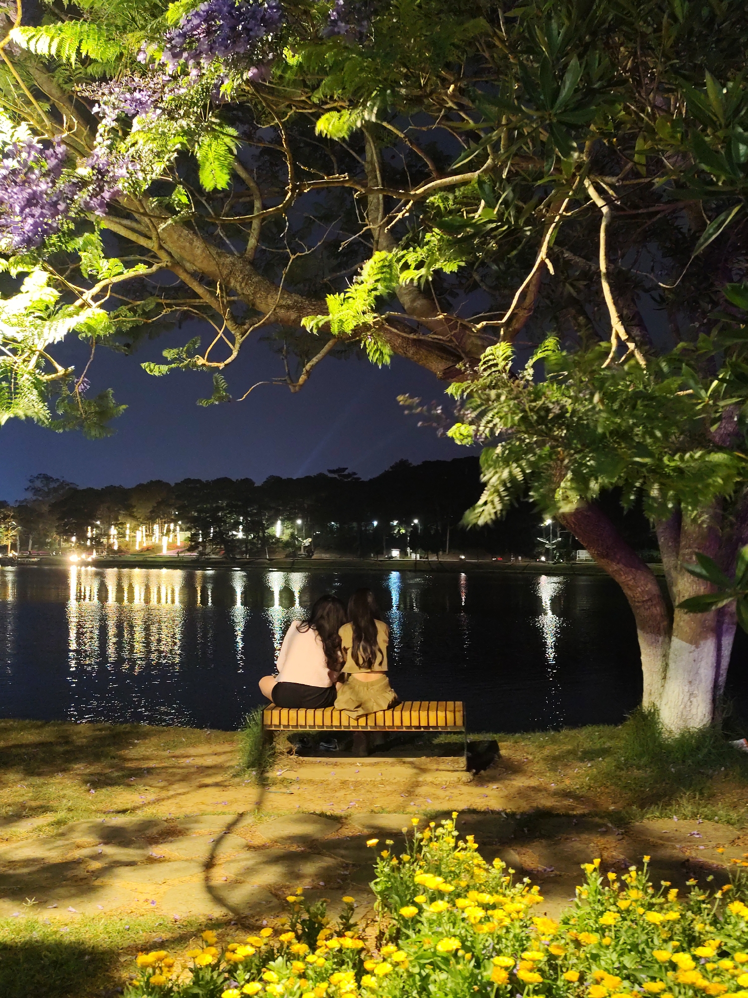 At night, two women sit on a bench facing a lake in Da Lat, Vietnam. The women have dark hair and are sitting closely together. One woman is wearing a light-colored shirt, while the other is wearing a darker shirt. The lake reflects the lights from buildings across the water. A tree with purple flowers hangs over the bench. Yellow flowers are growing in the foreground. The ground appears to be illuminated by artificial lighting.