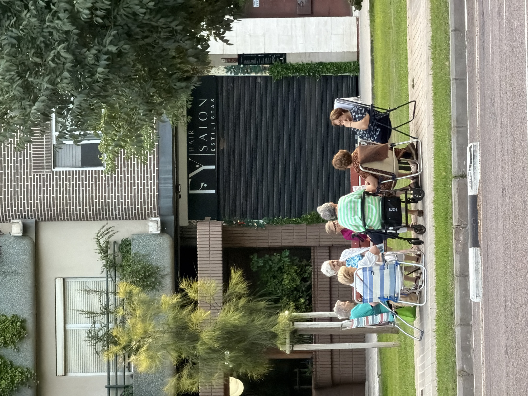 A group of six elderly individuals are gathered on a sidewalk in front of a building with a hair salon. Three women are seated in folding chairs, one in a wheelchair with a walker. Another woman is partially visible behind the salon entrance. The building features a brick facade and a large, dark rolling door. A small tree with bright green foliage is located to the left of the group, and a larger tree with dark green leaves is to the right. The ground is paved with light-colored bricks and bordered by grass. A road with white markings is in the foreground. The overall scene appears to be a casual outdoor gathering.