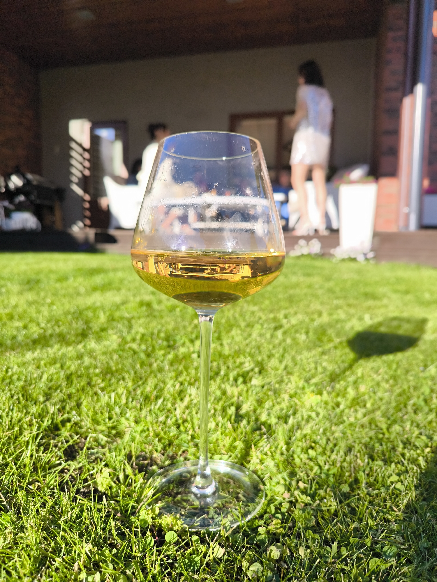 A glass of amber-colored liquid sits on a lawn of green grass, partially illuminated by sunlight. In the background, there is a building with a brick facade and a covered porch area. On the porch, there are blurred figures of people. One person is standing and wearing a light-colored dress, while others are seated. Various objects such as a planter and what appears to be a grill are visible in the background. The location seems to be an outdoor space attached to a house, but the exact city is not discernible.