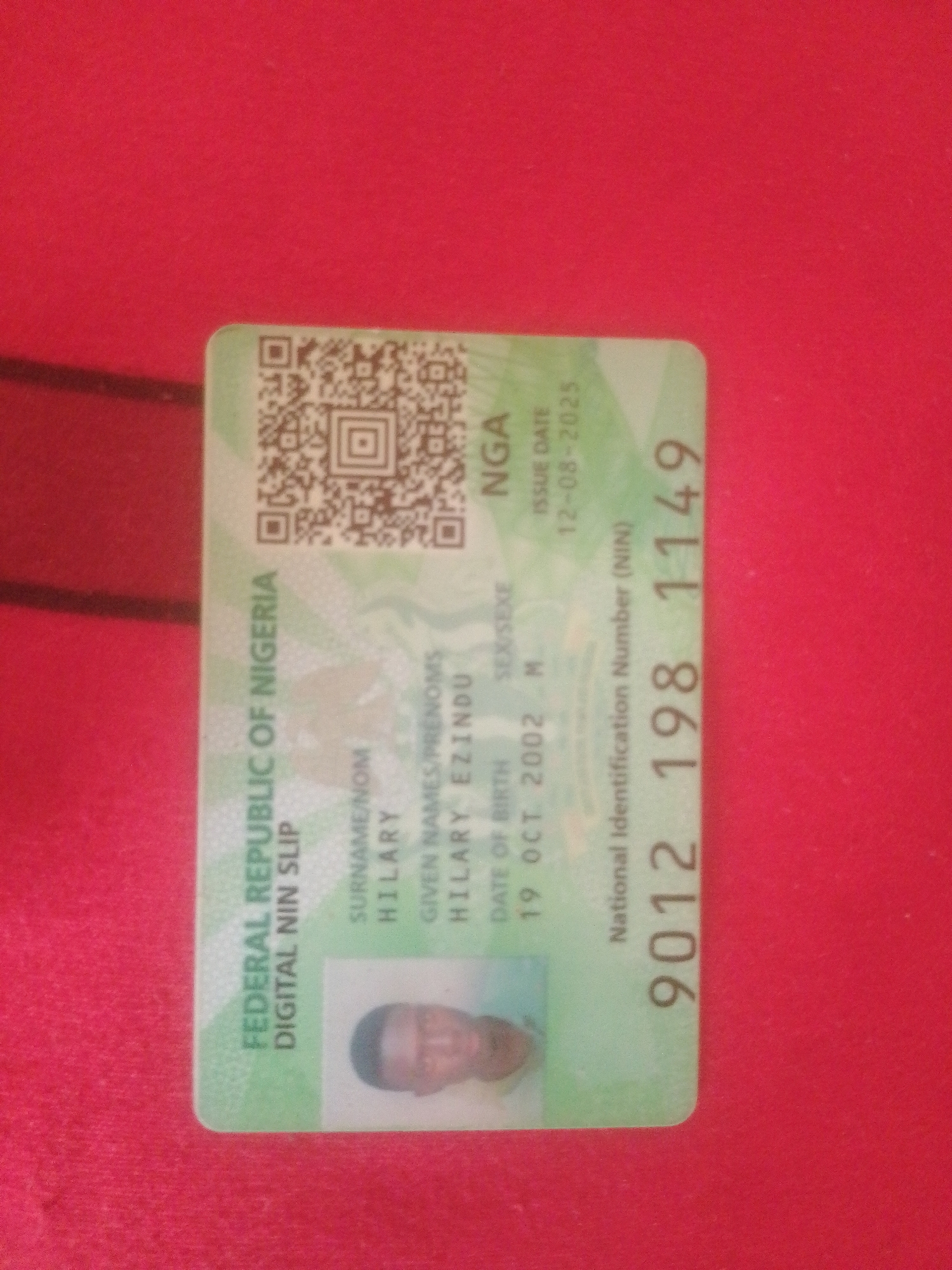The image shows a Nigerian digital NIN slip on a red surface. The NIN slip is oriented vertically and has a green and white gradient. Text on the slip includes "FEDERAL REPUBLIC OF NIGERIA DIGITAL NIN SLIP", "SURNAME/NOM HILARY", "GIVEN NAMES/PRENOMS HILARY EZINDU", "SEX/SEXE M", "DATE OF BIRTH 19 OCT 2002", "NGA", "ISSUE DATE 12-08-2025", and "National Identification Number (NIN) 9012 198 1149". A QR code is visible in the upper left portion of the slip, and a small, blurry photograph of a person's face is in the lower left. The red surface appears to be fabric, possibly a tablecloth or blanket, with a textured pattern. The image does not contain any information about the city of Danbazau, Nigeria.