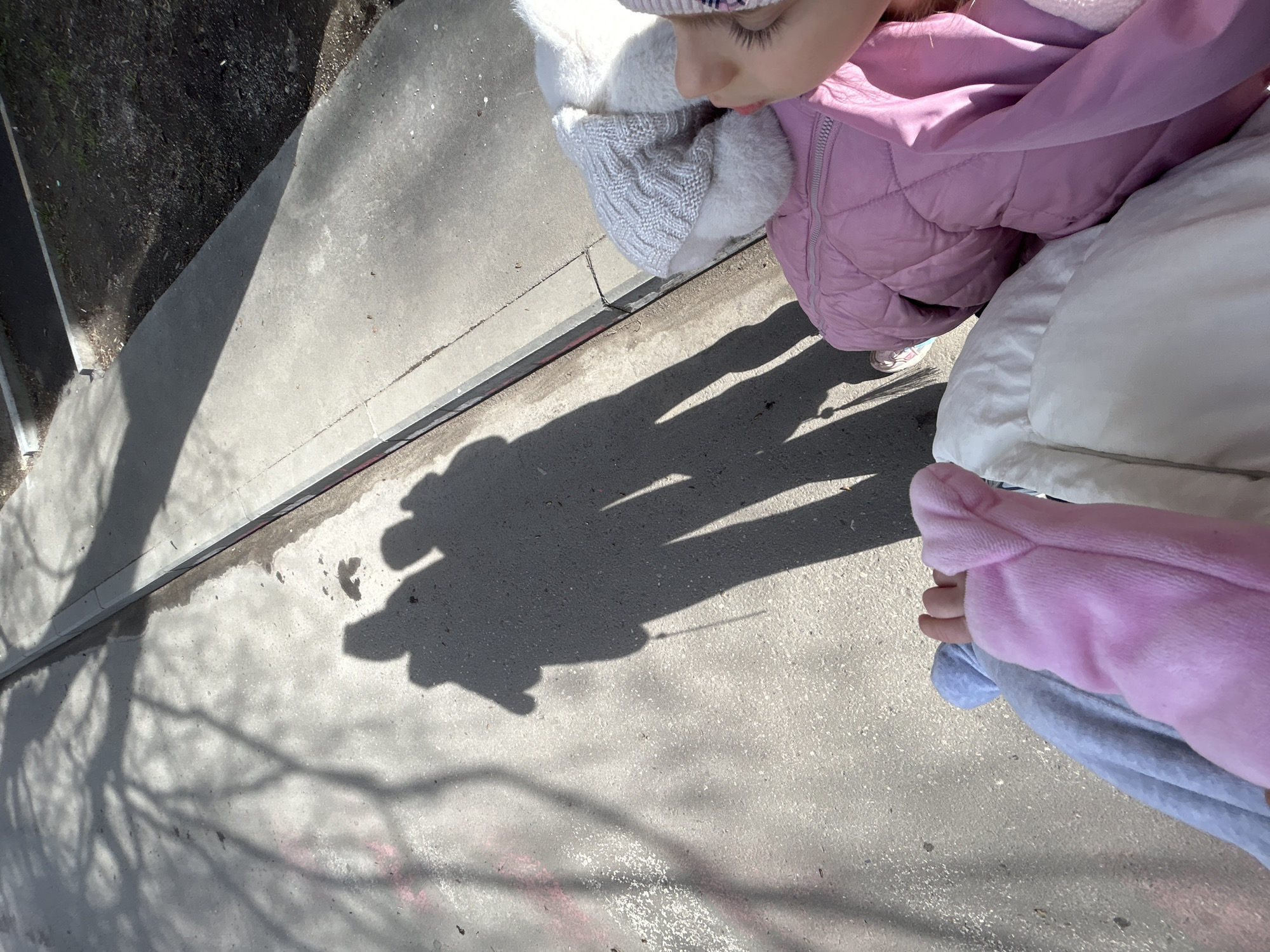 A top-down perspective reveals a child in a white and grey hat and a pink quilted jacket standing on a grey concrete surface, likely a sidewalk, casting a shadow alongside another individual, also casting a shadow, suggesting they are standing side-by-side. The adjacent curb separates the sidewalk from a darker area possibly filled with soil and vegetation. Tree shadows are also cast on the concrete. The location is assumed to be Moscow, Russia, based on the prompt.