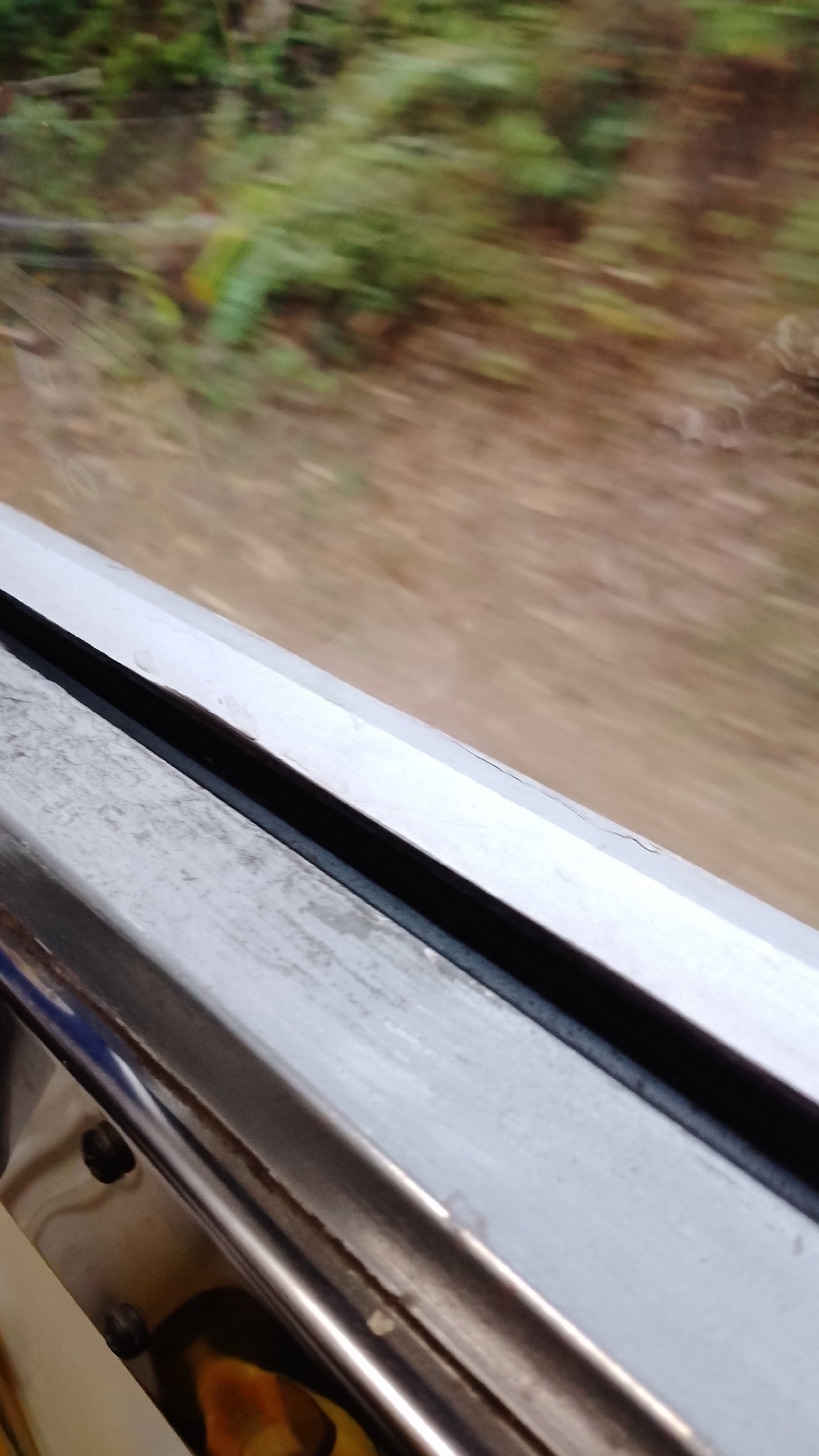 The image shows a close-up view of a window frame from inside a moving vehicle, likely a train, judging by the blur of the outdoor scenery. The window frame is made of metal and has a black rubber seal. Outside the window, a blurry landscape of green foliage and brown earth can be seen, indicating a journey through a natural environment. The image is taken from a low angle, focusing on the window structure and the passing landscape. The overall impression is one of movement and travel, with the details of the window frame suggesting an older or well-used mode of transportation. There are no people or specific landmarks visible in the image that would directly indicate its location in Purwakarta, Indonesia. The lighting is natural, suggesting it was taken during daytime.