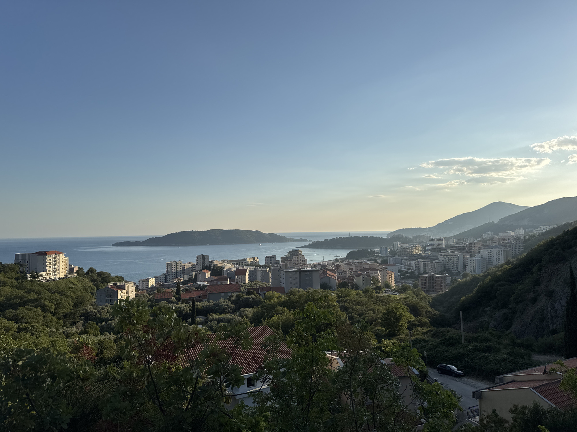 This image captures a panoramic view of the coastal city of Rafailovići, Montenegro, bathed in the soft light of either early morning or late afternoon. The sky is a clear, gradient blue, transitioning to a pale yellow-orange near the horizon, with scattered wispy clouds. In the foreground, lush green foliage, some with reddish berries, obscures the lower portion of the frame, hinting at the elevated vantage point from which the photo was taken.
Dominating the mid-ground is the urban landscape of Rafailovići. Numerous buildings, predominantly modern apartment complexes and hotels, line the coastline and extend up the gentle slopes of the surrounding hills. Many of these structures are white or light-colored, with flat roofs or terracotta tiles. The architecture suggests a Mediterranean style, with balconies and numerous windows. The buildings are densely packed in some areas, creating a cityscape that contrasts with the natural environment.
The coastline is defined by the calm, blue expanse of the Adriatic Sea. Islands and peninsulas are visible in the distance, their shapes softened by the haze. A few boats are present on the water, indicating maritime activity. The hillsides that frame the city are covered in a dense mix of trees and vegetation, with rocky outcrops visible on the right side of the image. A road is visible winding through the greenery in the lower right section, with a dark-colored car parked on it. The overall impression is one of a vibrant coastal town nestled within a scenic, hilly landscape.