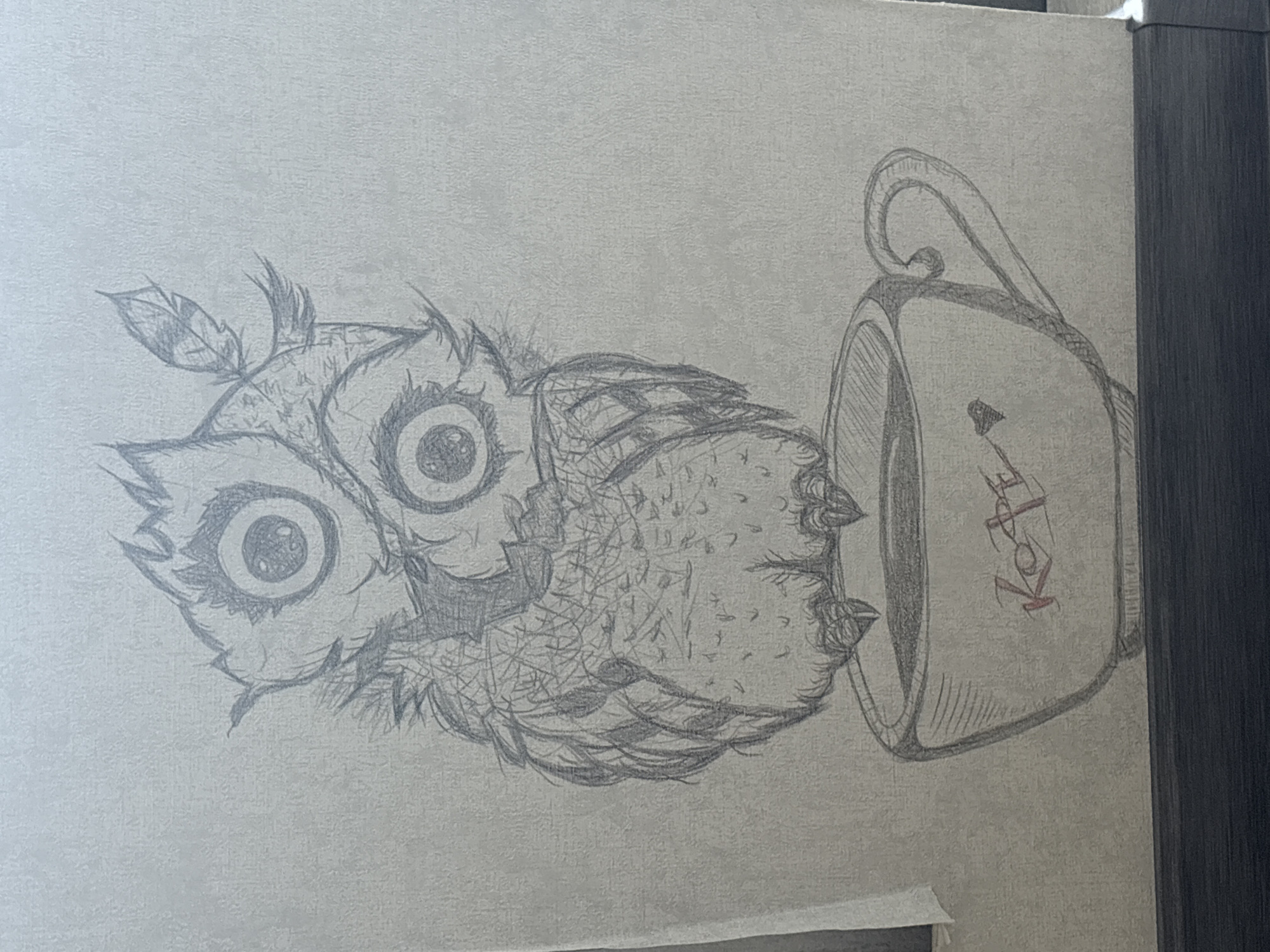 A pencil sketch depicts two owls perched atop a coffee cup. The owls are drawn in a whimsical style with large, expressive eyes. The lower owl is larger and more detailed, with a fluffy chest and talons gripping the rim of the cup. The upper owl is smaller and positioned slightly behind, with a feather accent in its head feathers. The coffee cup is simple in design with a handle and appears to contain dark liquid. The word "Кофе" (Russian for coffee) is written in red on the side of the cup, accompanied by a small heart shape. The drawing is rendered on a textured, light-colored surface, possibly paper or canvas, and is framed by a dark border at the bottom. The background is a plain, light gray. There is no indication of a specific city or location within the image.