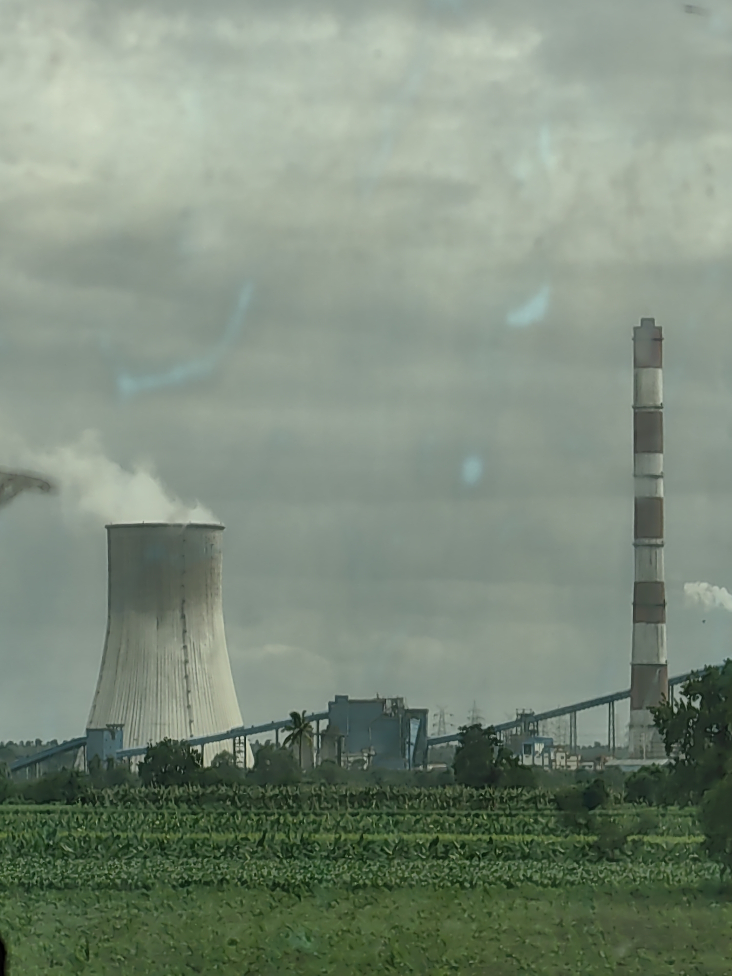 The image captures an industrial landscape in Sudgaon, India, dominated by a large cooling tower emitting steam on the left and a tall, red-and-white striped chimney on the right. A field of lush green crops, possibly banana plants due to their broad leaves, stretches across the foreground. In the background, industrial structures and conveyor belts connect the various components of the power plant. The sky is overcast with a muted, grayish hue, suggesting a cloudy day. The overall scene depicts a functional power generation facility amidst agricultural land.