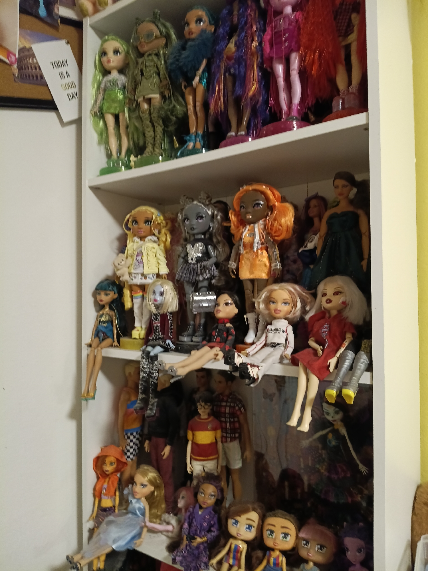 The image displays a shelf filled with numerous dolls of various sizes and styles. The dolls are arranged in rows, with some standing and others seated or lying down. The dolls have diverse hair colors, skin tones, and clothing, suggesting a collection of fashion dolls and possibly action figures. The background appears to be a plain white wall, which is part of a shelf unit. The overall scene is an indoor setting, likely a bedroom or playroom, showcasing a collection of toys. The image does not provide any information that would allow for the localization of Wels, Austria.