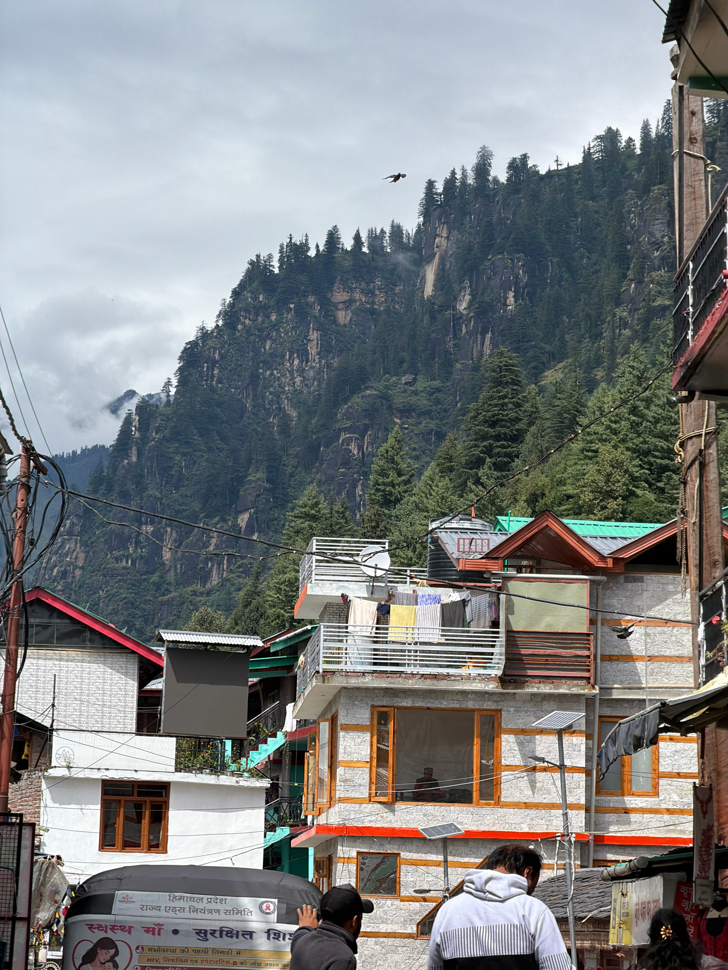 A medium shot captures a street scene in Vashisht, India, with a towering, pine-covered mountain as the backdrop. The architecture is a mix of traditional stone and plaster buildings, some with wooden accents and colorful roofs. Laundry hangs on a balcony, drying in the open air. Electrical wires crisscross the sky, a common sight in urban Indian landscapes. A bird in flight is visible against the misty mountain slopes. The lower portion of the image shows the back of a man in a striped hoodie, facing away from the camera, suggesting he is looking at something off-frame. The overall impression is a blend of natural beauty and the everyday life of a bustling Indian town.