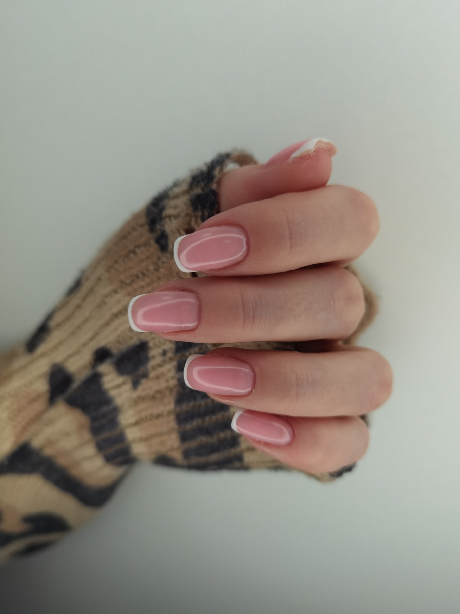A close-up, eye-level shot captures a person's hand, likely female, displaying well-manicured nails against a plain, light grey background. The hand is positioned with fingers slightly curled, drawing attention to the fingernails. Each nail is shaped in an oval or soft almond style and features a classic French manicure, consisting of a glossy, translucent pinkish-nude base coat with defined white tips. The nails appear to be of medium length and are uniformly shaped.
A notable detail is visible on the nail of the index finger, where the white tip shows signs of wear or chipping, exposing a darker layer underneath. The other visible nails – on the middle, ring, and pinky fingers – appear intact with a smooth, reflective surface.
Part of a garment or sleeve is visible on the left side of the frame, covering the person's wrist and lower arm. The fabric is a warm, light brown or beige color, patterned with a distinct dark brown or black animal print, suggestive of a leopard or cheetah design. The texture of the sleeve appears soft, possibly knitted or woven.
The lighting in the image is soft and even, suggesting an indoor setting with diffused light, which enhances the glossy finish of the nails and the texture of the sleeve. There are no harsh shadows. The image focuses on personal grooming and aesthetic presentation. No visible text is present in the media. The location context is Chaikovsky, Russia, although there are no specific visual cues within the image itself to confirm this geographical detail.