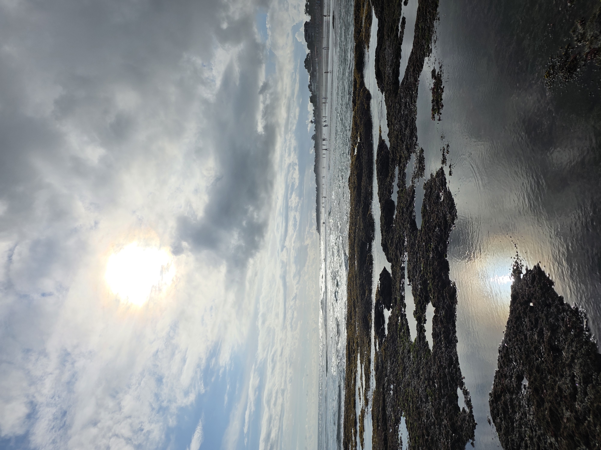 The image depicts a beach landscape in North Kuta, Indonesia. The scene is oriented vertically. The sky occupies the left side, displaying a mix of blue and gray clouds with a bright sun. The beach occupies the right side. The beach is covered with dark seaweed and wet sand, reflecting the sunlight. In the distance, small figures of people are walking along the shoreline. Buildings are visible along the shore in the background.