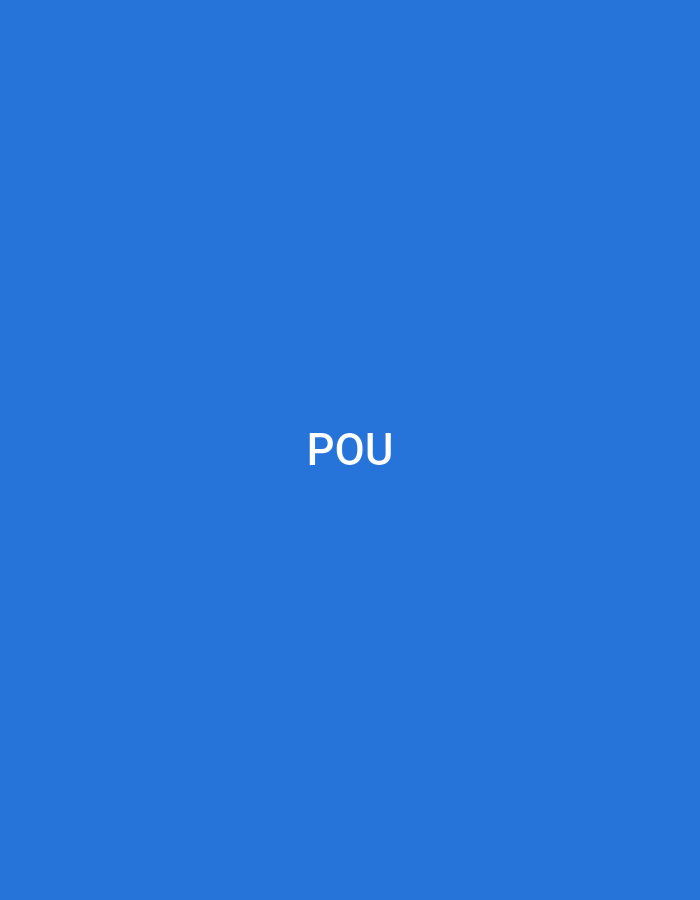 The image presents a solid, uniform blue background. Centered both horizontally and vertically on this blue field is the uppercase English word "POU," rendered in white, sans-serif typography. No other objects, subjects, people, or environmental details are present. The image is devoid of any visual cues, landmarks, or contextual information that would allow for the identification of a specific geographic location, including the city of Casablanca, Morocco. The scene consists solely of text displayed on a monochromatic background.