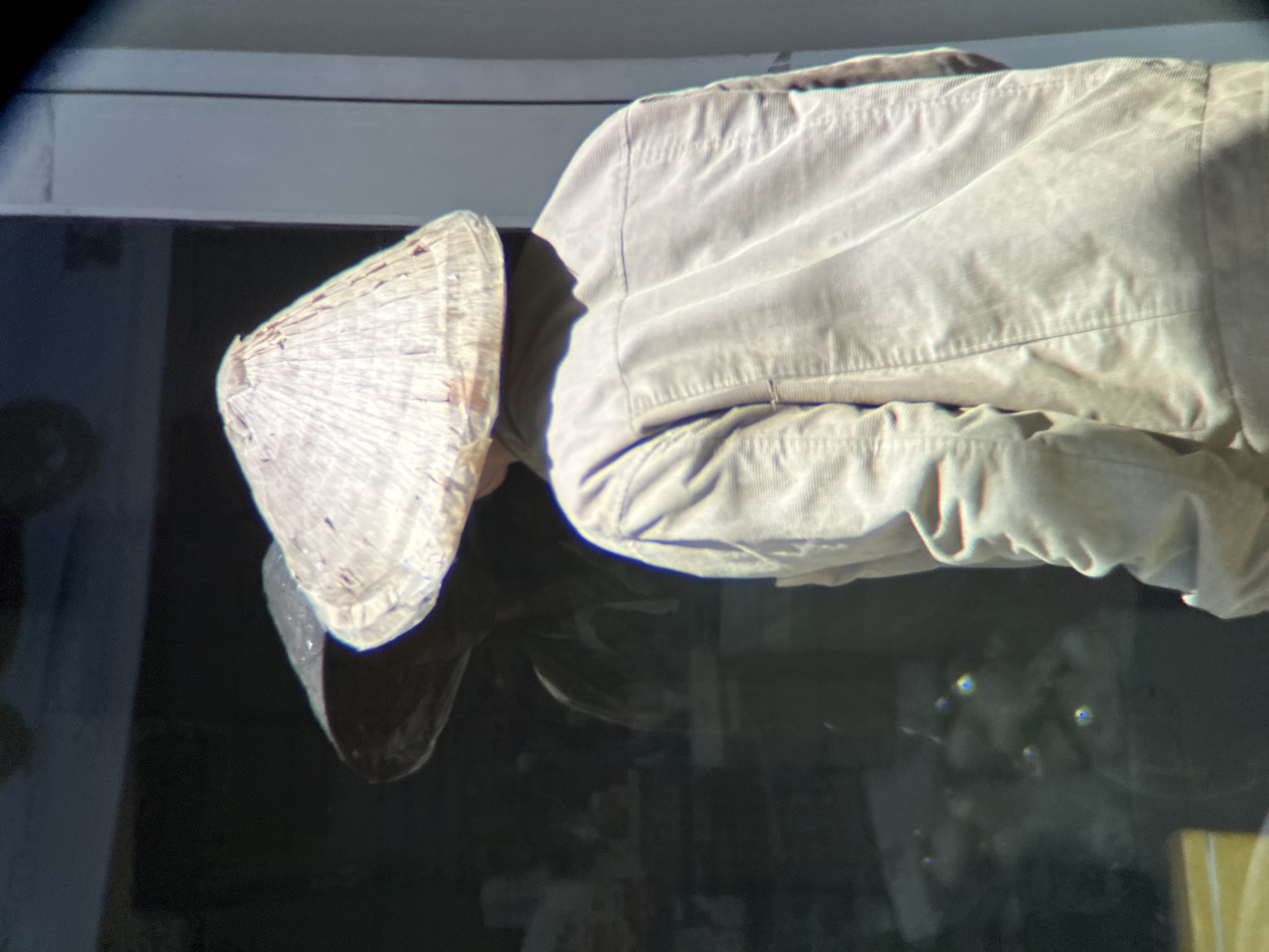 A person wearing a traditional conical hat and a light-colored corduroy jacket stands with their back to the camera, facing a storefront. The person's reflection is visible in the store window, showing the back of the hat and jacket. The storefront appears to be on a street in the city of Đà Nẵng, Vietnam. The environment is outdoors, likely during the daytime, as indicated by the bright lighting and shadows. The person's face is not visible, and their actions are not discernible beyond standing. The storefront interior is dimly lit and appears to contain various items, possibly merchandise, which are blurred and indistinct in the reflection. The overall scene suggests a casual moment of someone observing a shop window.