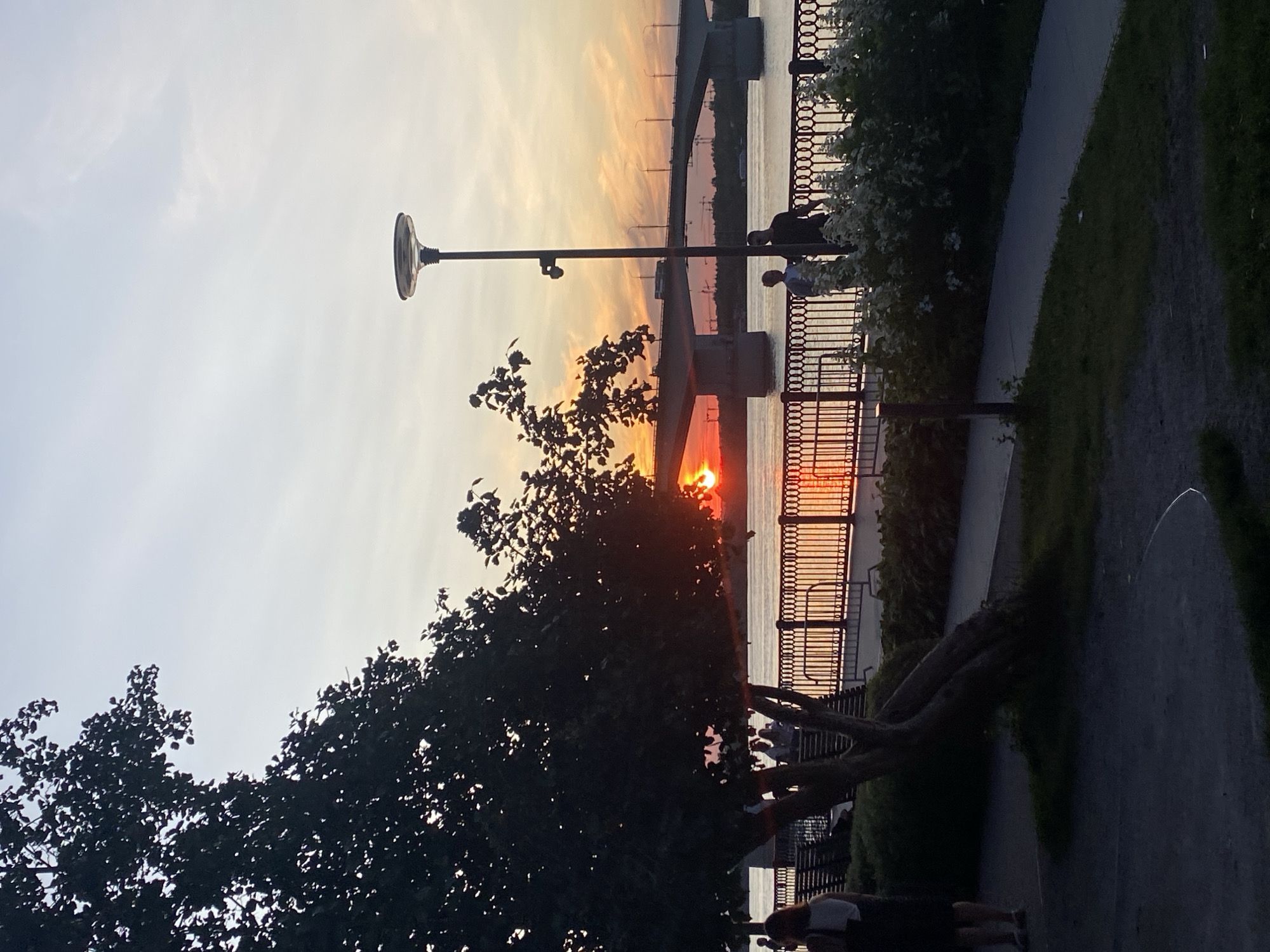 The image depicts a sunset scene by the Kama River in Perm, Russia. In the foreground, a large tree with dark leaves partially obstructs the view. To the left, a person in a dark dress and white top is walking away from the camera on a paved walkway. Behind them, several people are seated on benches along the riverfront. A decorative metal fence lines the riverbank. In the middle ground, the Kama River is visible, reflecting the warm colors of the sunset. Spanning the river in the background is a large bridge, with cars and a bus visible on it. A single lamppost stands on the riverfront, with two figures silhouetted near its base. The sky is painted with hues of orange, pink, and pale blue, characteristic of a sunset. The overall atmosphere is serene and tranquil.