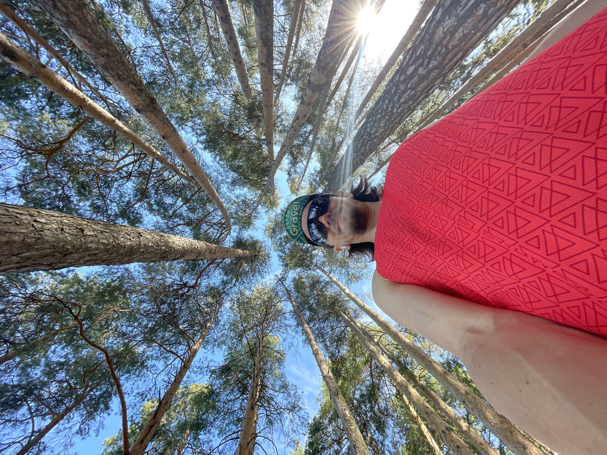 A low-angle, wide-angle shot looking up into tall pine trees, with a man positioned to the right of the frame. The sky is visible through the branches, with the sun shining. The man is wearing sunglasses and a green cap with writing on it. He is also wearing a red shirt with a geometric pattern. The location appears to be a forest, potentially in or near the city of Izhevsk, Russia given the prompt.