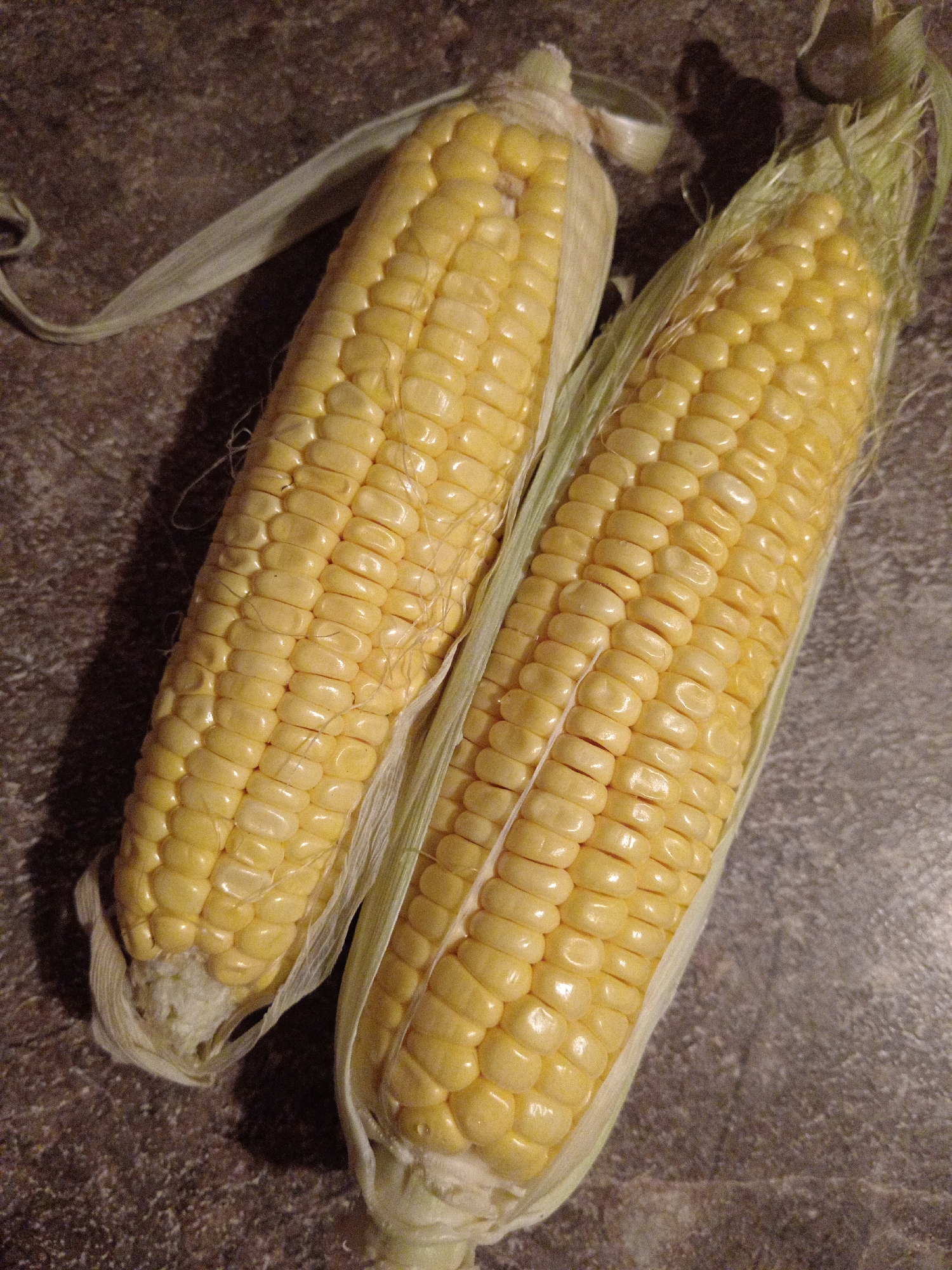 Two ears of corn, one completely shucked and one partially shucked, lie on a brown, slightly textured surface. The corn kernels are yellow and appear plump. Silks are present on both ears, although more visible on the partially shucked ear. Location: Unknown, Unknown.