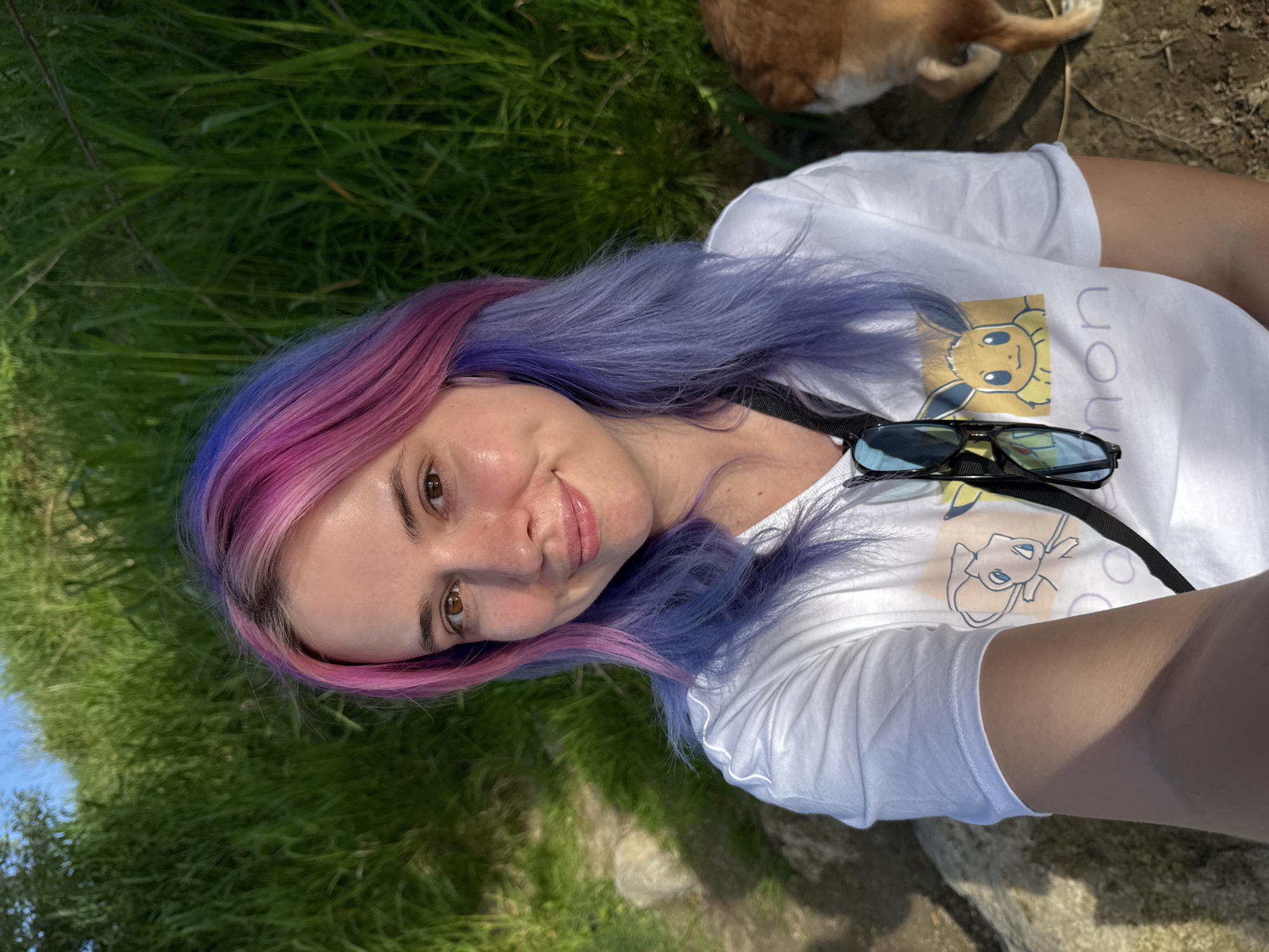 A selfie portrait, taken outdoors, features a person with vibrant pink and blue dyed hair, hazel eyes, and fair skin. They are wearing a white t-shirt with a cartoon graphic and sunglasses hanging on the front. The person is smiling slightly at the camera. The background includes green grass and a glimpse of a light brown animal, possibly a dog, in the upper right corner. The location is in the City of Zagreb, Croatia.