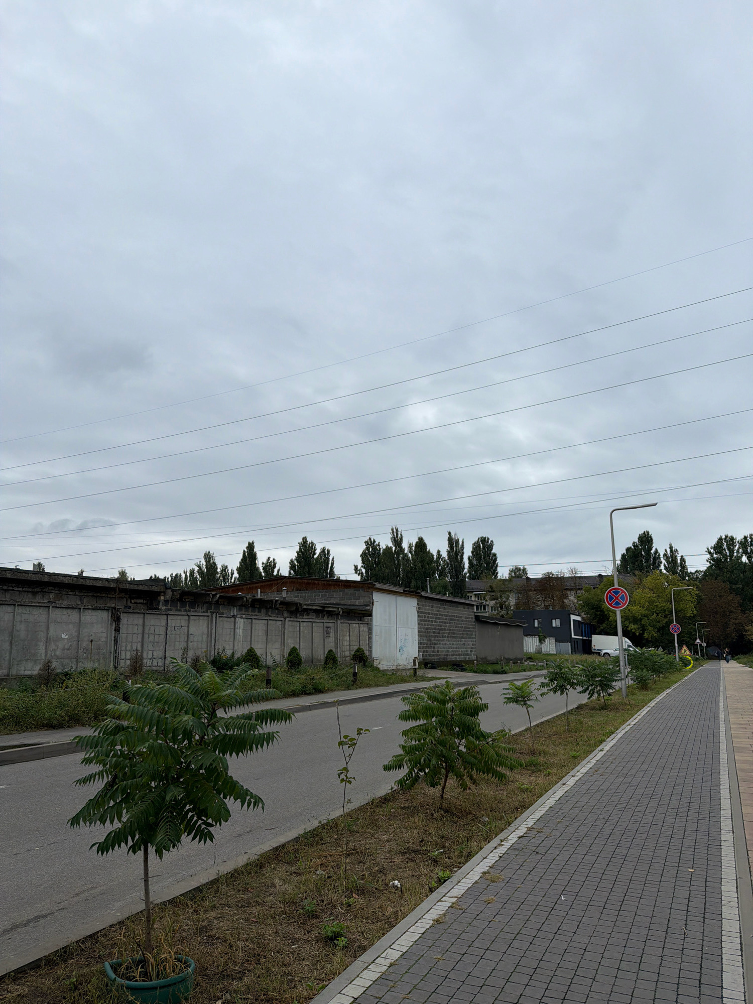 This image captures a view of an industrial or commercial area on an overcast day, likely in Kyiv, Ukraine. The scene is dominated by a gray, paved road on the left, a pedestrian walkway with gray paving stones on the right, and a long, low concrete building with a metal roof along the far side of the road. Several young trees are planted in a grassy strip between the road and the walkway. In the distance, more trees, some industrial structures, and a few vehicles are visible. Traffic signs, including a red and blue circular sign with a cross, and a yellow triangular sign, are present along the walkway. The sky is heavily clouded, casting a diffused light over the scene. There are no people clearly visible in the image.