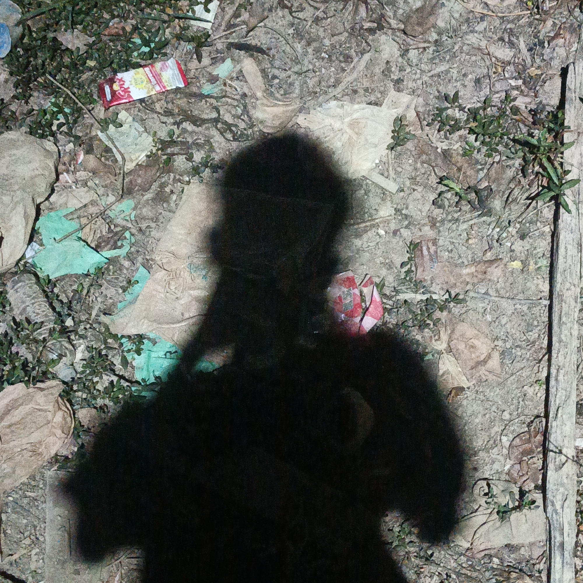 The image depicts a shadow of a person cast on the ground, which is covered with debris and vegetation. The debris includes various types of litter, such as plastic bags, wrappers, and paper. Some small green plants are growing among the debris, suggesting an outdoor environment. A wooden plank is visible on the right side of the image, possibly marking the edge of a path or area. The overall scene appears to be in an unkempt outdoor space, possibly a roadside or a neglected area within Sungai Rasau, Indonesia. The shadow of the person suggests they are standing and taking a photograph or observing the scene. The lighting indicates it is daytime.