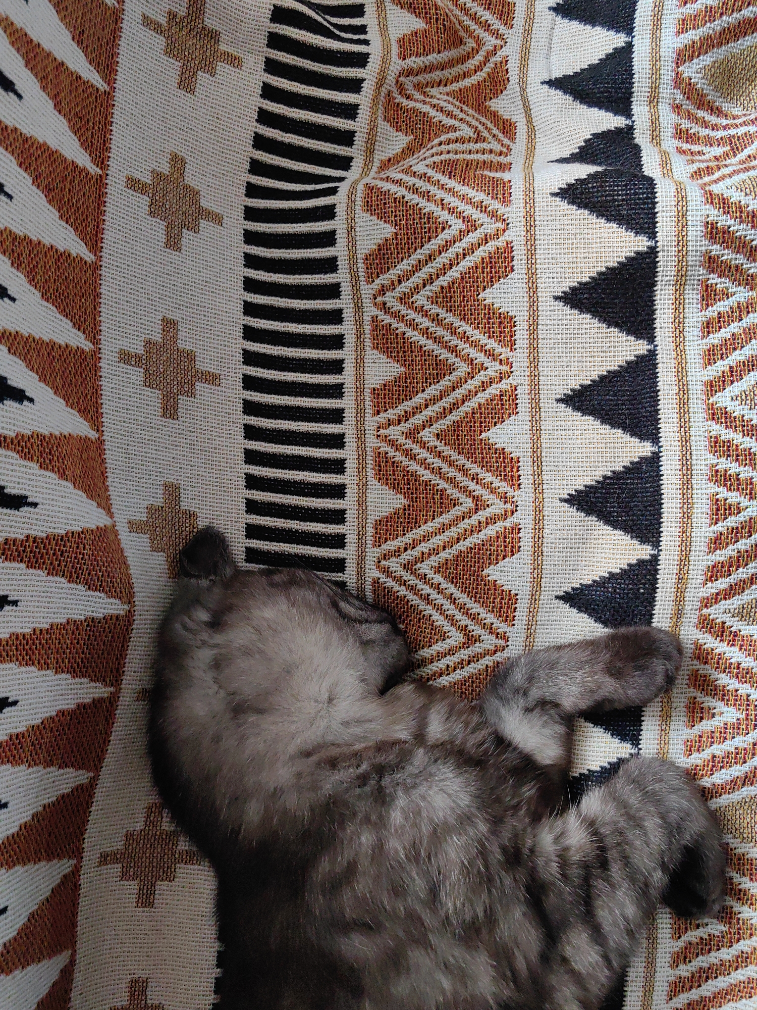 The image shows a close-up, overhead view of a cat sleeping on a patterned fabric. The fabric has a geometric design with stripes and zigzags in colors of white, black, orange, and tan. The cat is a tabby with grey and black fur, curled up on its side with its paws extended. The scene appears to be indoors, on a piece of furniture such as a sofa or bed, covered by the patterned fabric. There is no discernible information in the image to indicate a specific location within Зуйское сельское поселение, Ukraine, or any other urban environment.