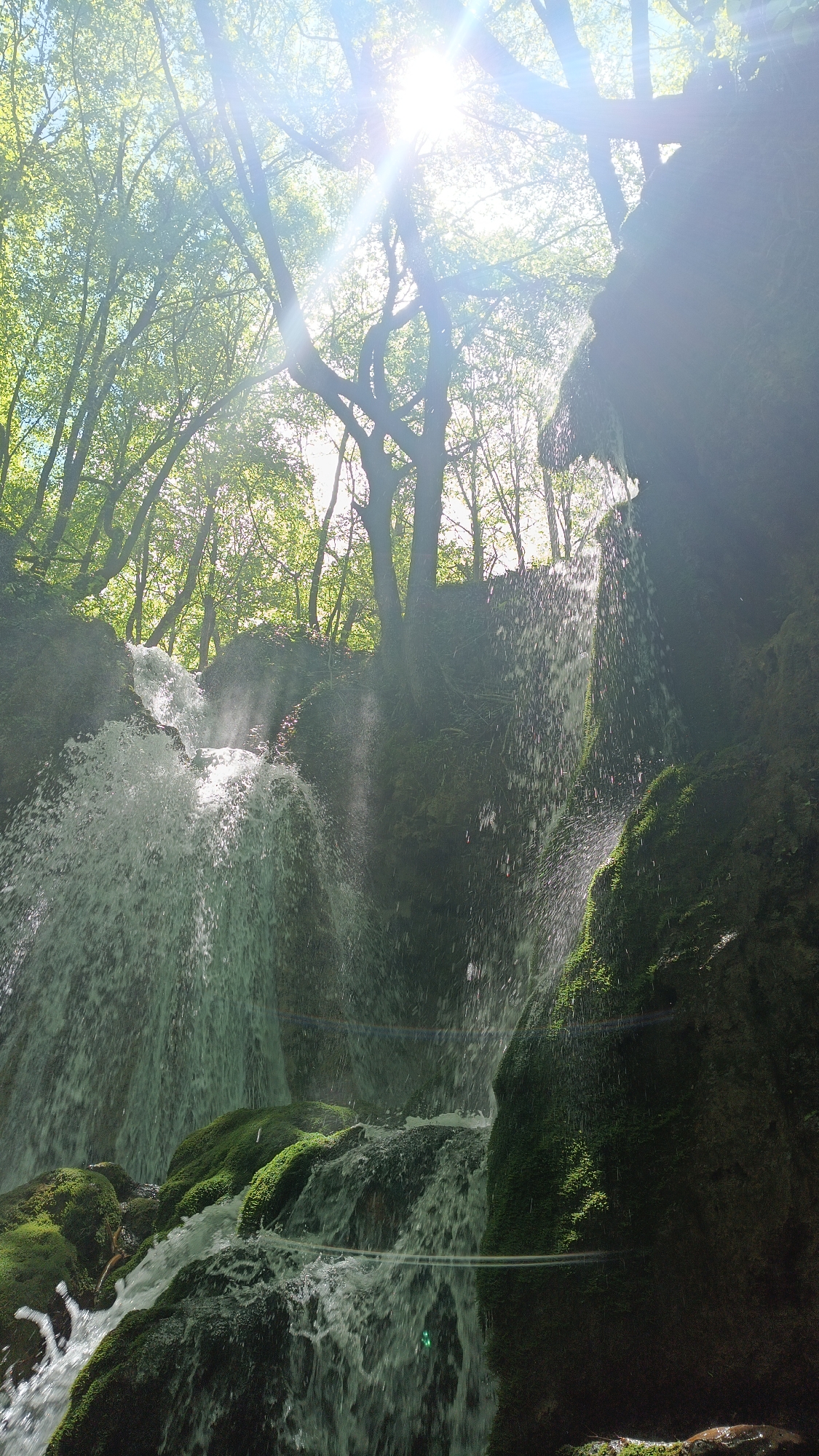 The image shows a waterfall cascading over moss-covered rocks in a forest setting. Sunlight filters through the trees, creating a bright and hazy atmosphere. The water flows rapidly, with droplets and splashes visible throughout the scene. The moss-covered rocks appear to be located in a gorge of some kind. The image could be a representation of the natural landscape in the area surrounding Bachkovo, Bulgaria.