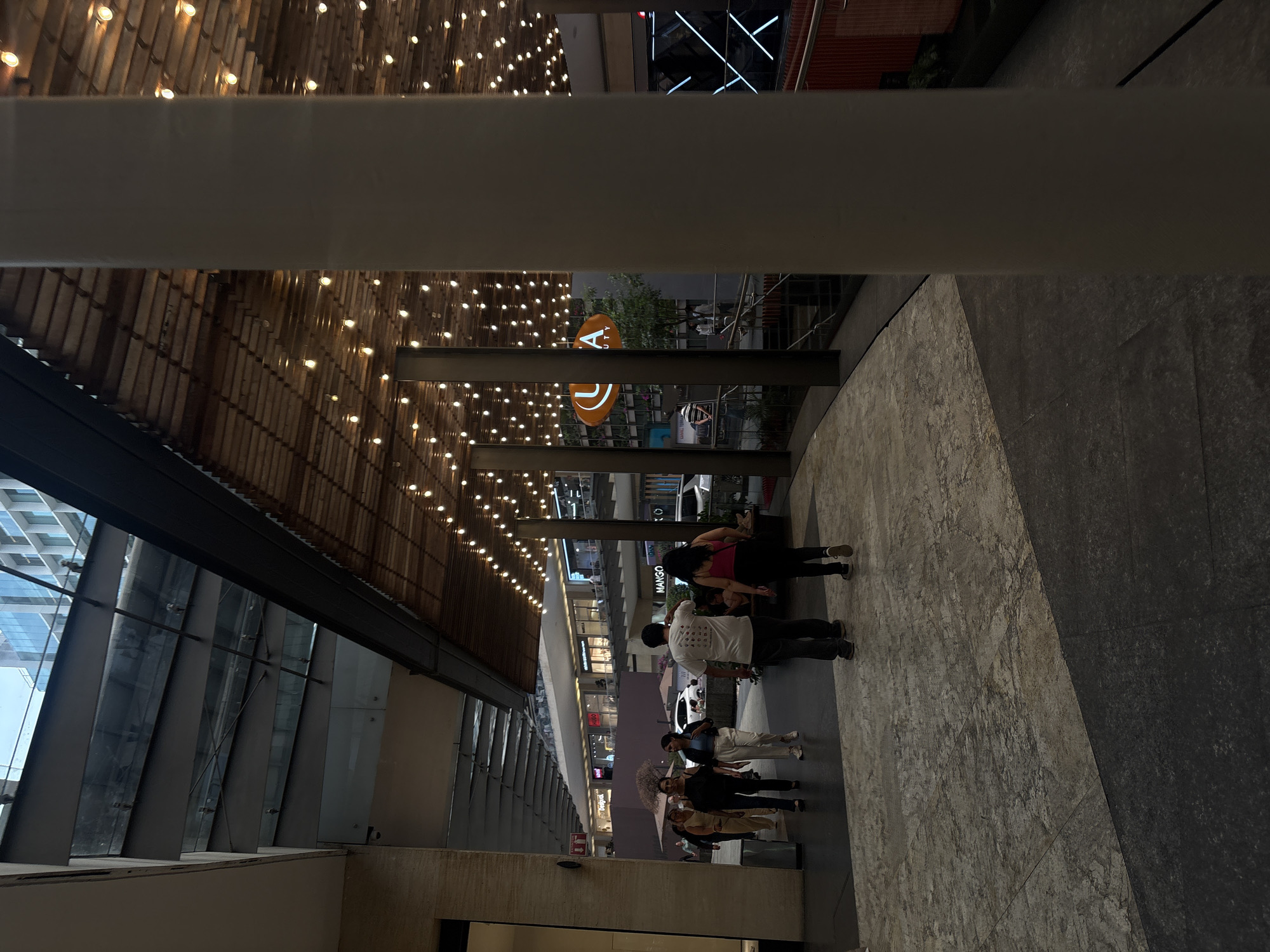 The image shows a pedestrian area in Mexico City, Mexico. A group of people is walking along the sidewalk. There are shops and restaurants on both sides of the street. The lighting is provided by overhead string lights. The sidewalk is made of dark grey stone and concrete. There is a Mango store visible in the background.