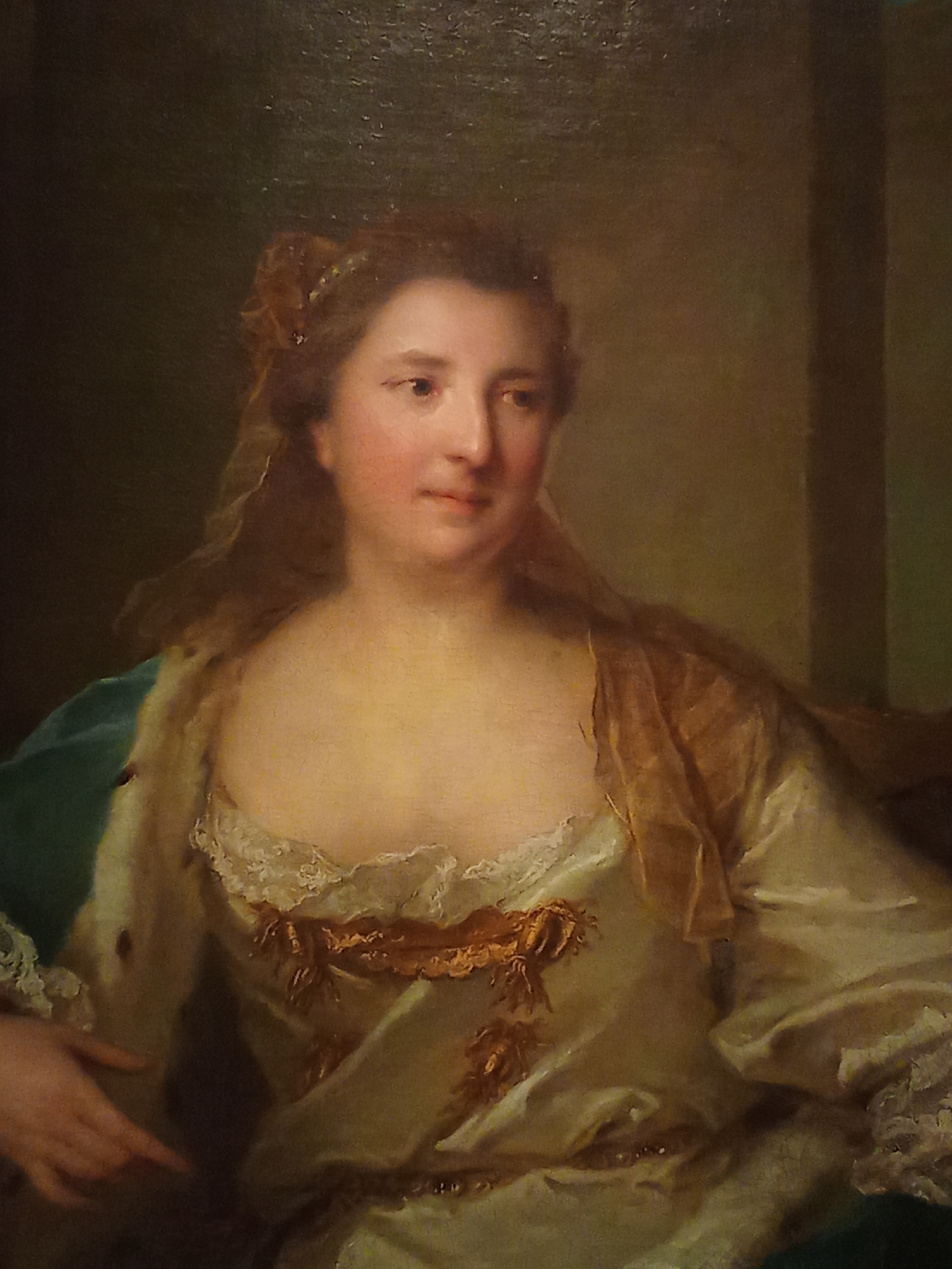 This is a portrait of a woman, likely a noblewoman from her attire. She is shown from the chest up, facing slightly to her right with her head turned towards the viewer. She has fair skin, rosy cheeks, and light brown hair styled up with some tendrils falling around her face and shoulders. She is wearing an elaborate gown with lace trim around the neckline and a rich fabric that appears to be silk or satin, with gold embellishments. A sheer, golden-brown shawl is draped over her shoulders. A portion of a green garment is visible on her left side. Her left hand is resting in the lower left portion of the frame. The background is dark and muted, with subtle variations in tone suggesting a simple interior or a dark drapery. The overall impression is one of wealth and status, consistent with a formal portrait. There is no indication of any specific location in Buenos Aires, Argentina.