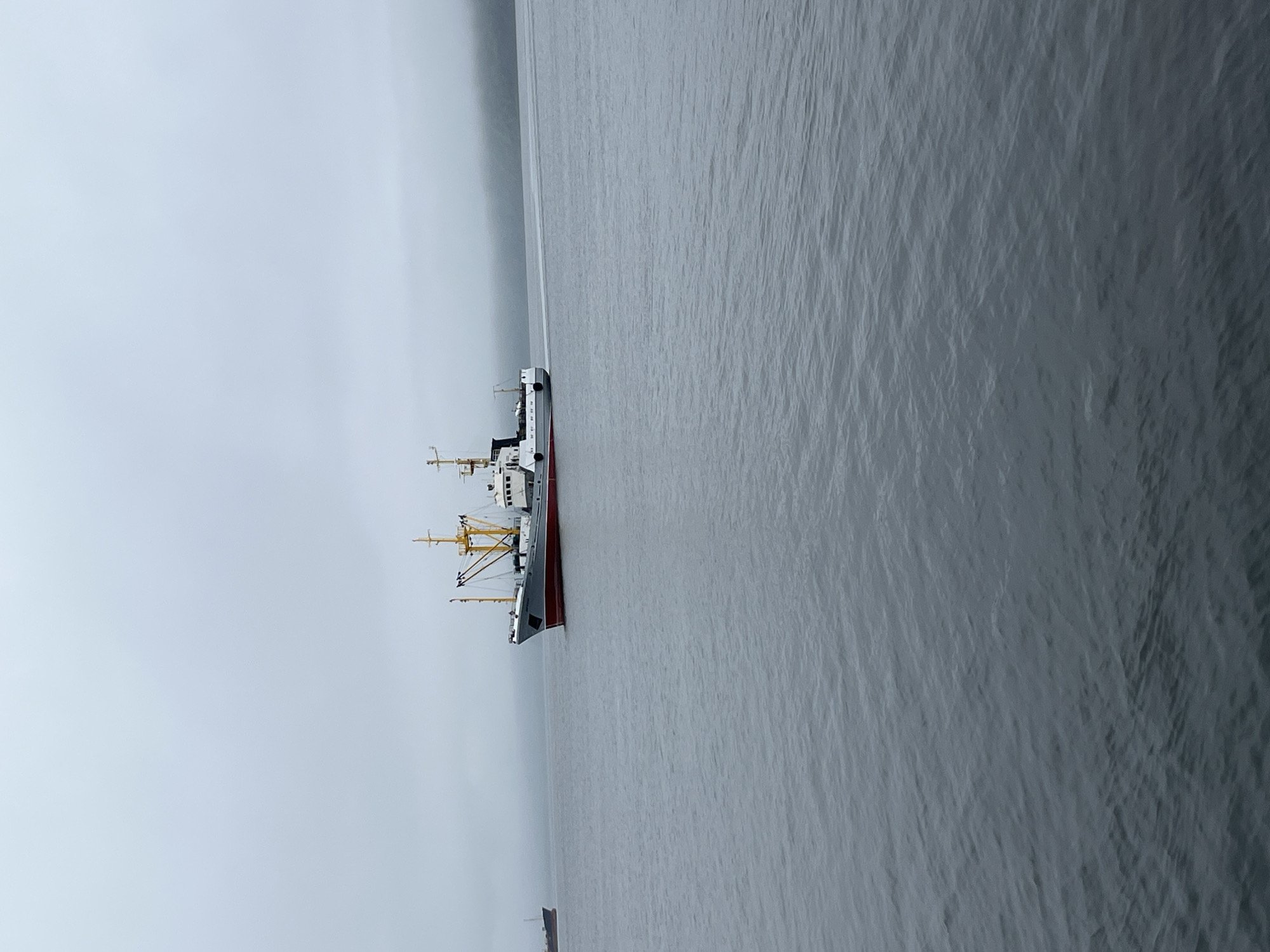 A medium shot captures a fleet of ships navigating through the misty waters of Sovetskaya Gavan', Russia. The primary focus is a gray and red ship with yellow accents and masts, positioned in the mid-right of the frame. To the left, another ship is partially visible, appearing smaller and further away. The backdrop is a hazy sky meeting the muted, undulating sea, with the faint outline of land or mountains visible in the far distance, obscured by fog. The overall atmosphere is somber and quiet, suggesting a tranquil, overcast day at sea.