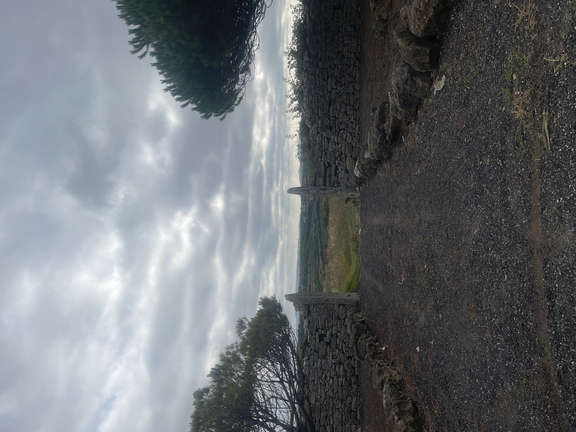 This is a photograph of a stone gateway leading into a landscape under a cloudy sky. The gateway is flanked by two low, rustic stone walls, appearing to be made of irregularly shaped rocks. The ground in front of the gateway is covered in dark gravel. On the left side of the gateway, a tree with sparse foliage extends over the stone wall. On the right side, the branches of a conifer tree are visible. Beyond the gateway, the landscape opens up to rolling hills covered in vegetation, with distant structures visible on the horizon. The overall impression is one of a rural or natural setting, possibly a private property or an entrance to a park or natural reserve. The location is specified as São João das Lampas, Portugal.