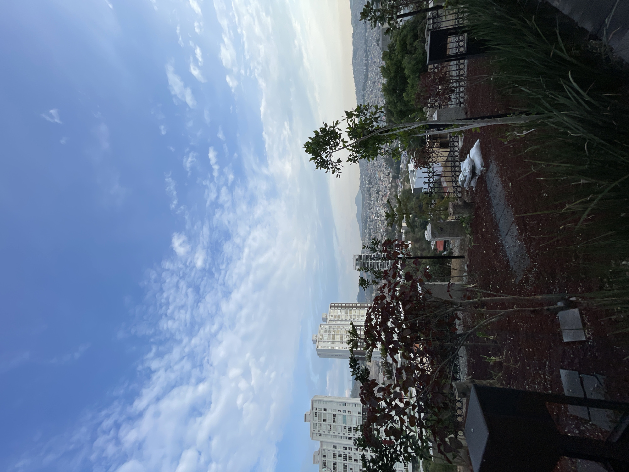 The scene is a high-angle, partially obstructed view of Huixquilucan de Degollado, Mexico, on a day with a partly cloudy sky. The camera angle is rotated, making the horizon appear vertical. Buildings, including multi-story apartments, are visible in the distance, along with surrounding city buildings and terrain. Vegetation, including tall grasses, trees, and smaller plants, partially obscures the view. A black fence or railing runs along the edge of the viewing platform. The foreground includes dark-colored mulch or ground cover, along with paving stones. No people are visible in the frame.