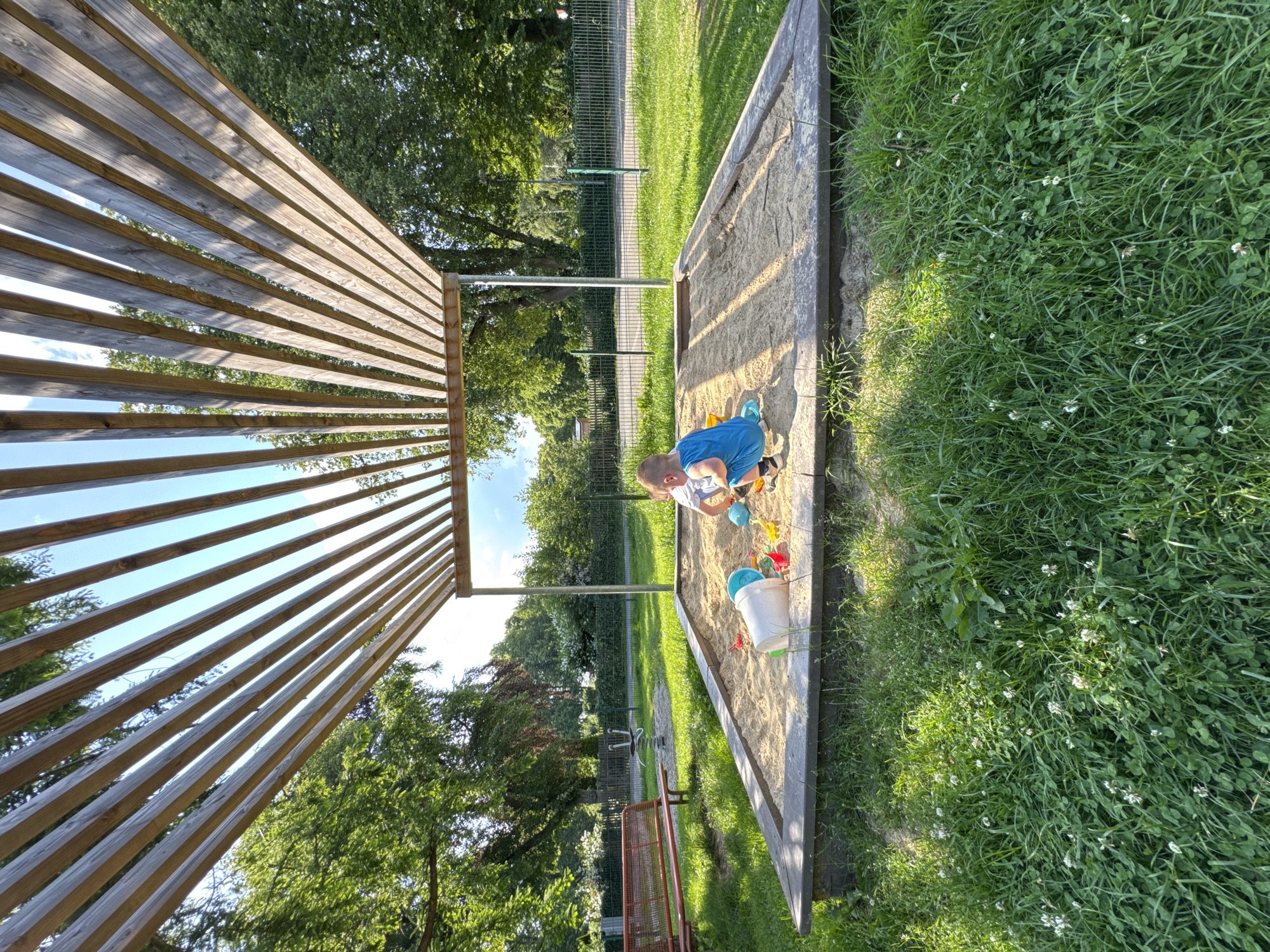 A young child, wearing a blue shirt and shorts, is playing in a sandbox under a wooden slatted pergola. The sandbox is a square with wooden borders and filled with sand. The child is crouched down, interacting with yellow and blue plastic sand toys, including a bucket and several shovels. Near the child, a white bucket with a blue lid is also visible, along with scattered sand toys. The sandbox is situated in a grassy area, with lush green grass and some white clover flowers in the foreground. In the background, there is a red park bench, a spring rider toy, trees, and a metal fence. The sky is visible through the gaps in the pergola's wooden slats. The scene appears to be an outdoor playground area.