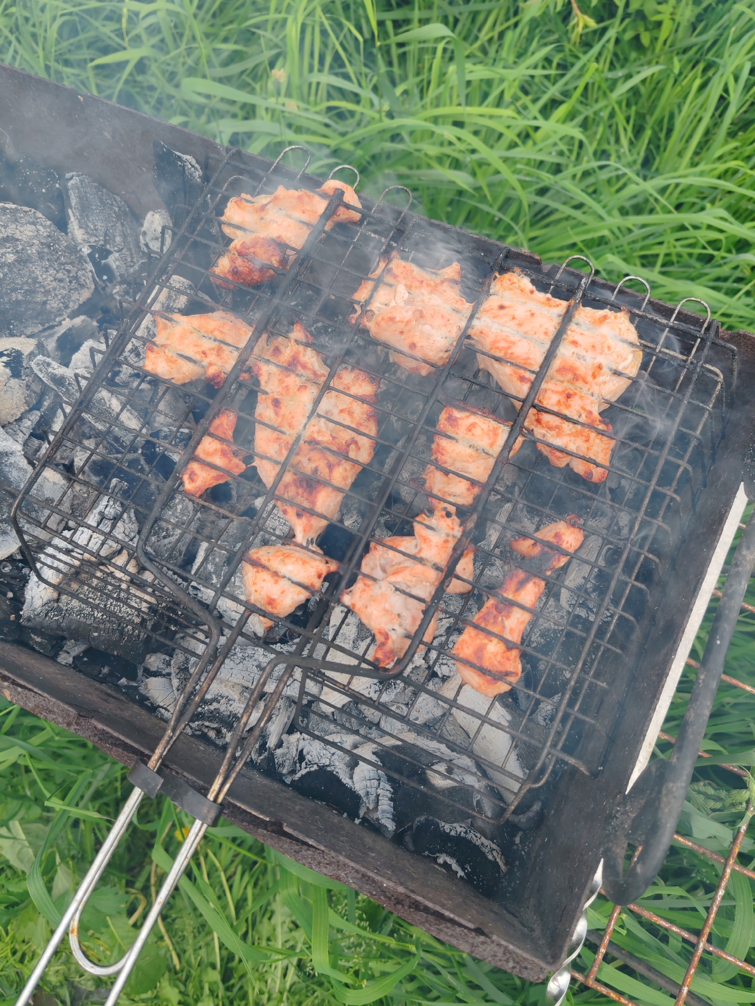 A top-down, high-angle shot captures a barbecue grill in an outdoor setting, likely in the city of Chukhloma, Russia, given the presence of lush green grass that suggests a natural or park-like environment. The grill itself is made of dark metal and contains glowing embers and ash from a fire. Positioned on the grill grate are several pieces of raw chicken, some of which are already showing signs of cooking with browned edges. Wisps of smoke rise from the grill, indicating that the chicken is actively being cooked. The background is dominated by a dense field of vibrant green grass, with some blades appearing taller and more developed than others. The overall scene evokes a sense of outdoor cooking and summer leisure.