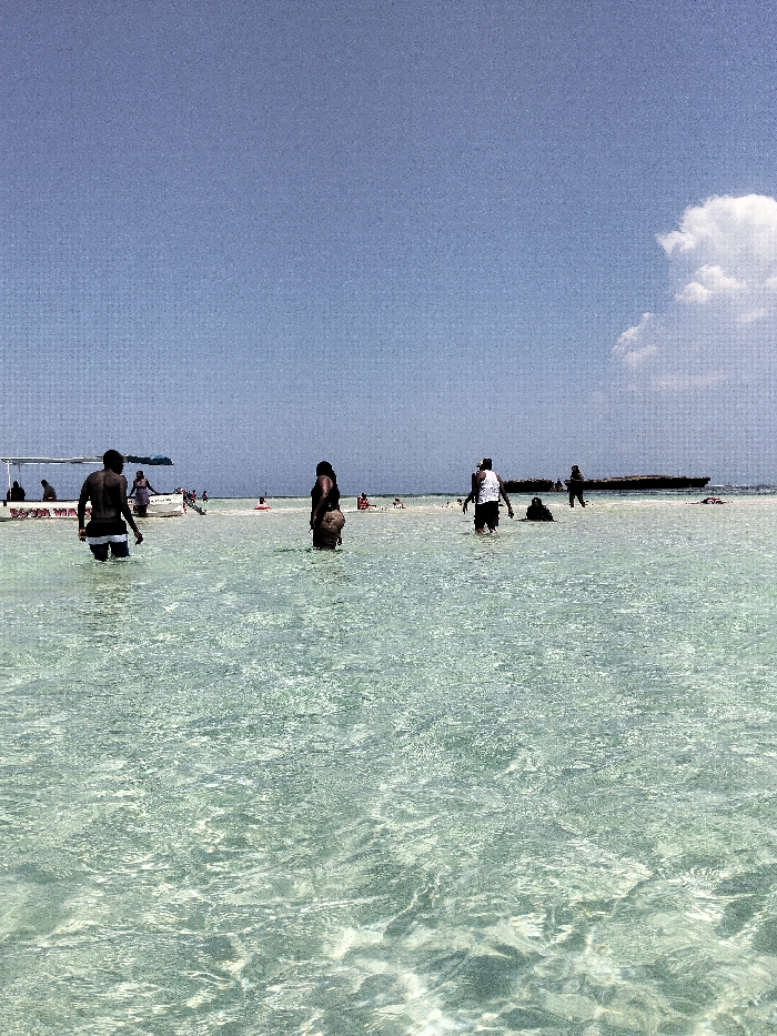 The image depicts a shallow coastal area in Wasini, Kenya, under a clear, bright blue sky with one prominent white cumulus cloud in the upper right quadrant. The transparent, light turquoise water reveals a sandy bottom with visible sunlit patterns.
In the immediate foreground and mid-ground, multiple individuals are wading and standing in the water. From left to right:
* An adult male, seen from behind, wearing dark swim shorts, is waist-deep in water.
* An adult female, seen from behind, wearing dark swimwear, is waist-deep in water.
* An adult male, seen from the front-left, wearing a light-colored t-shirt and dark shorts, is chest-deep in water.
* Further right, a partially obscured individual appears to be crouching or sitting in the water.
In the mid-ground to the left, a white motorized boat with an overhead canopy is present, partially obscured by the foreground figures. Faint red lettering, possibly "WASINI," is visible on its hull. Approximately four individuals are either aboard or immediately adjacent to this vessel.
To the right in the mid-ground, a dark, elongated structure, possibly a submerged boat or a natural rock formation, is visible, with several individuals wading around it.
Numerous other individuals, mostly silhouetted and appearing as dark figures against the bright water, are scattered across the mid-ground, indicating a larger group engaged in recreational activities. The scene is illuminated by direct sunlight, creating a high-contrast environment.