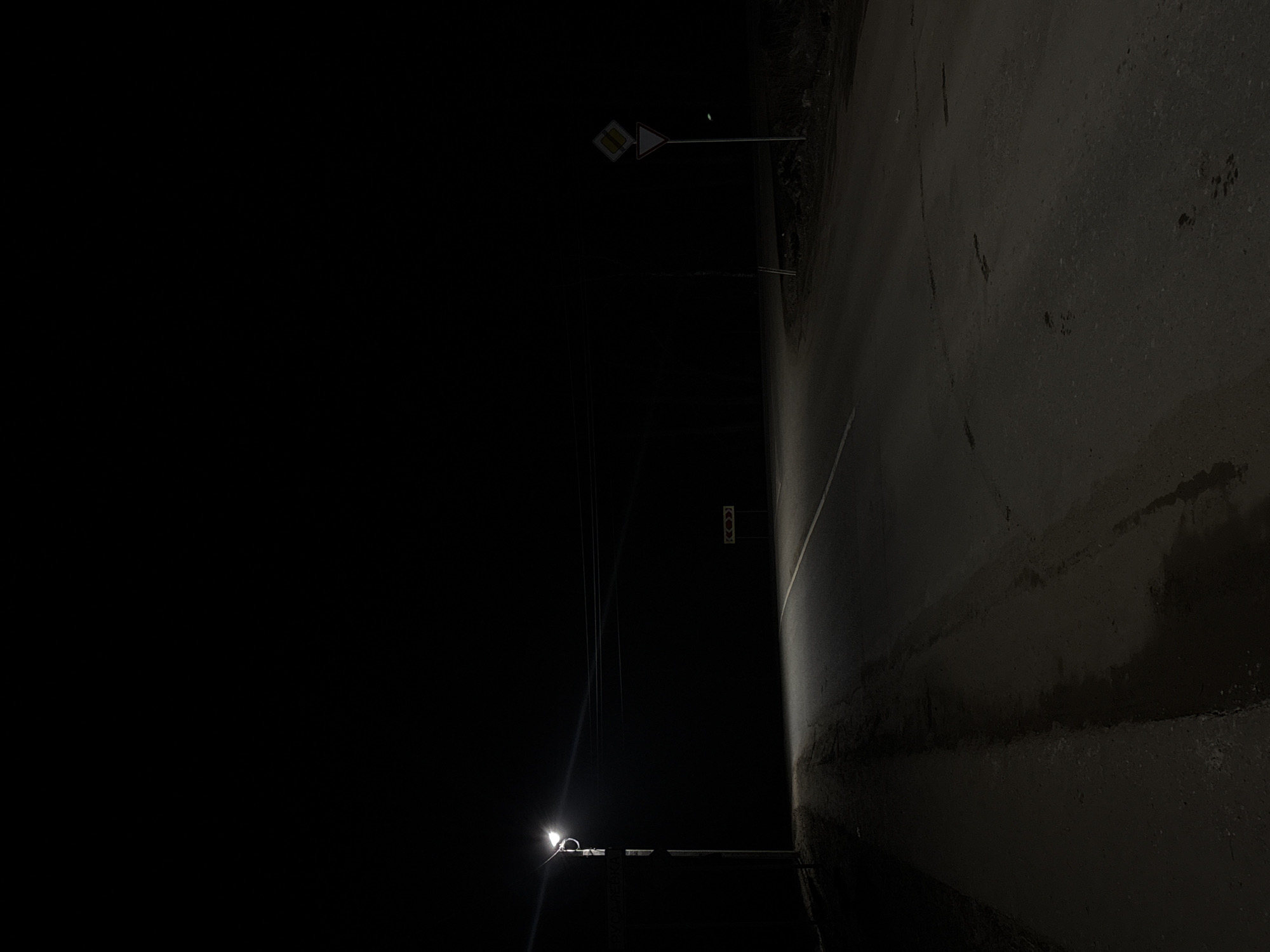 The image shows a dimly lit road at night, possibly in Rusalevka, Russia. The road stretches into the distance, illuminated by a street lamp at the bottom of the frame. A road sign stands to the right of the road, further along its length. Another sign is visible midway. Powerlines stretch into the darkness. The left side of the image is shrouded in darkness. The road itself appears to be paved and has a white line marking the edge. The overall scene is dark and somewhat desolate.