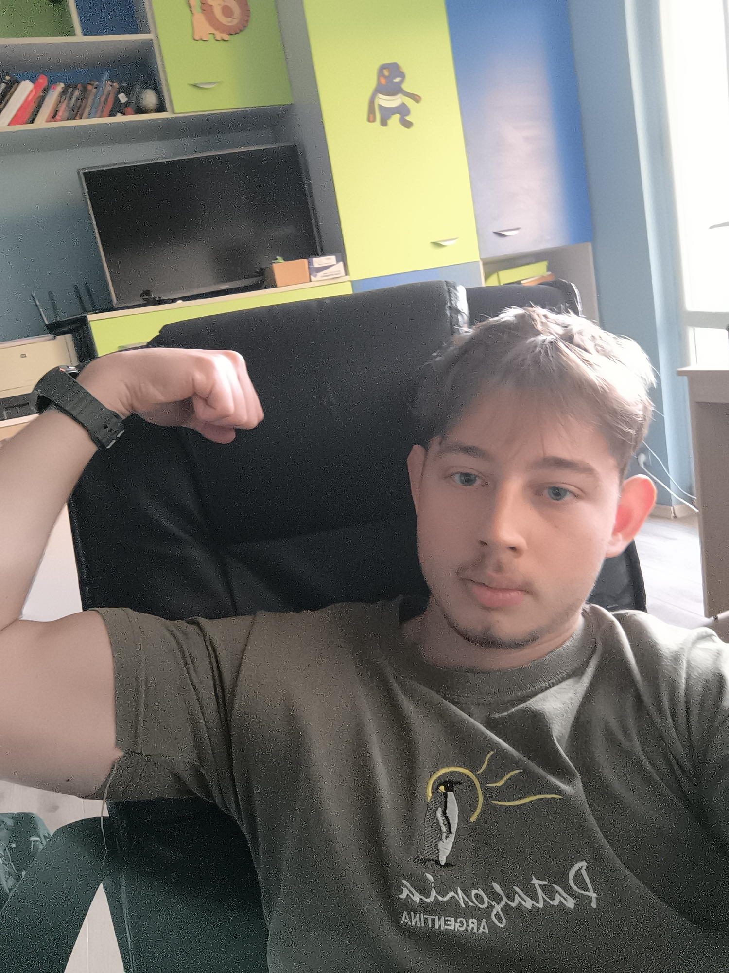 A young man takes a selfie indoors, sitting in a black office chair. He has light brown hair, blue eyes, and a light goatee/stubble. He is wearing a dark green t-shirt with a graphic of a penguin under a sun, and the words "Patagonia" (reversed) and "ARGENTINA" (reversed) printed below it. On his left wrist, he wears a black digital watch, and he is flexing his left bicep towards the camera.
The background shows a room with a light blue and lime green color scheme for the walls and furniture. To the left, there are shelves filled with books and other items, positioned above a black flat-screen television. Above the TV, there's a light blue section of shelving, and above that, a lime green section with an orange, lion-like decoration. To the right, another lime green section of furniture features a stylized blue creature on it. Bright natural light streams in from a window on the right side of the frame, indicating it is daytime. The overall impression is a casually decorated personal space, possibly a bedroom or study, located in Sofia, Bulgaria. The man's expression is neutral to slightly contemplative.