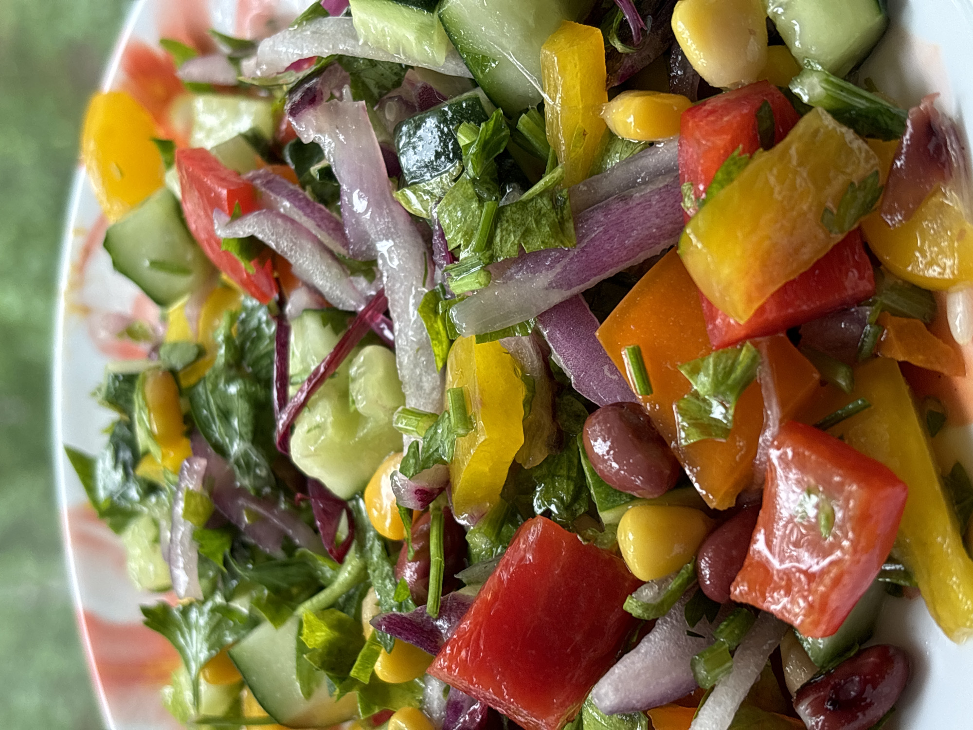A close-up, eye-level, outdoor shot features a vibrant mixed vegetable salad in a white bowl with a pink rim. The salad contains chopped red and yellow bell peppers, red onion slivers, kidney beans, corn kernels, cucumber pieces, and green leafy vegetables, possibly lettuce and parsley. The background is blurred, showing a predominantly green outdoor environment, hinting at a natural setting such as a park or garden in Chaikovsky, Russia. The lighting is natural and suggests it is daytime.