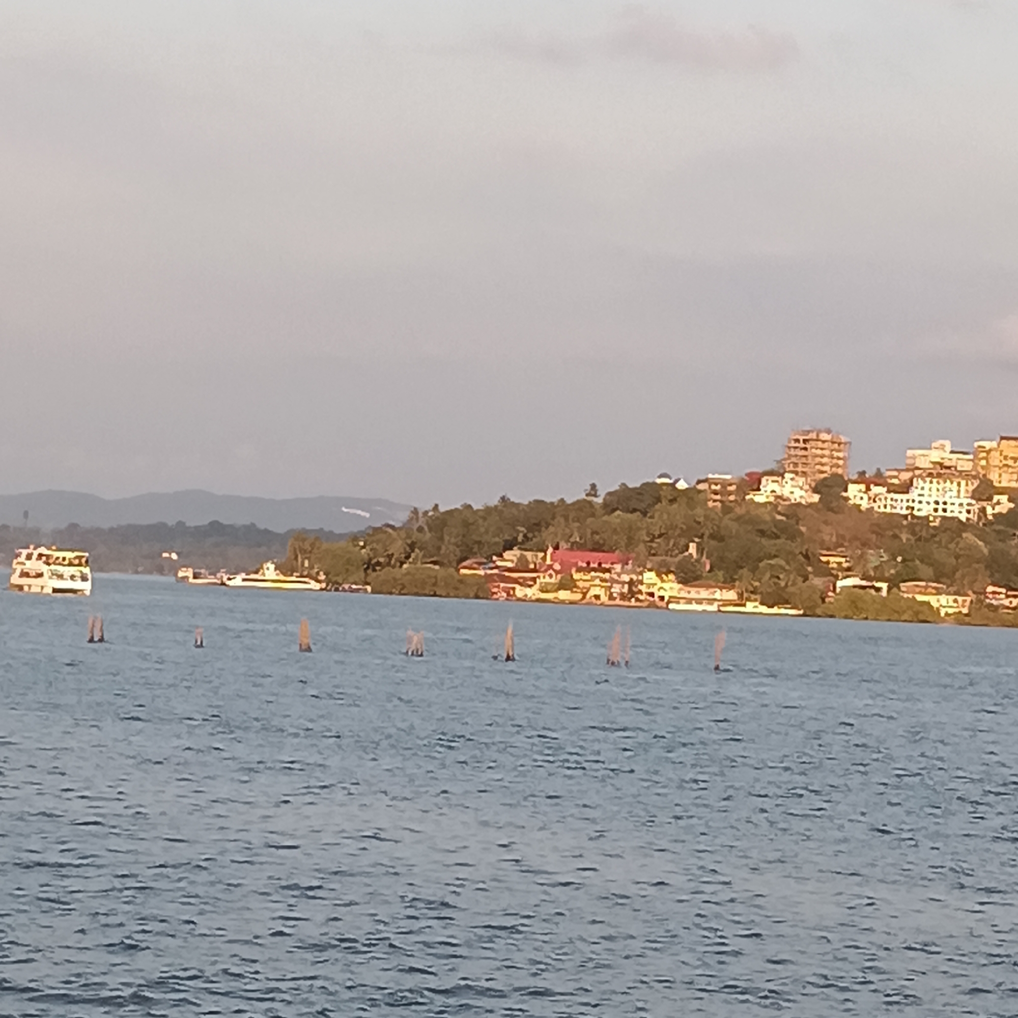 The image depicts a body of water with several boats in the distance and a developed shoreline. The shoreline features buildings, trees, and structures, suggesting a populated area. There are also vertical posts extending from the water's surface in the foreground. The location is Britona, India. The scene is a landscape view of the waterfront, capturing the interaction between the natural environment and human development.