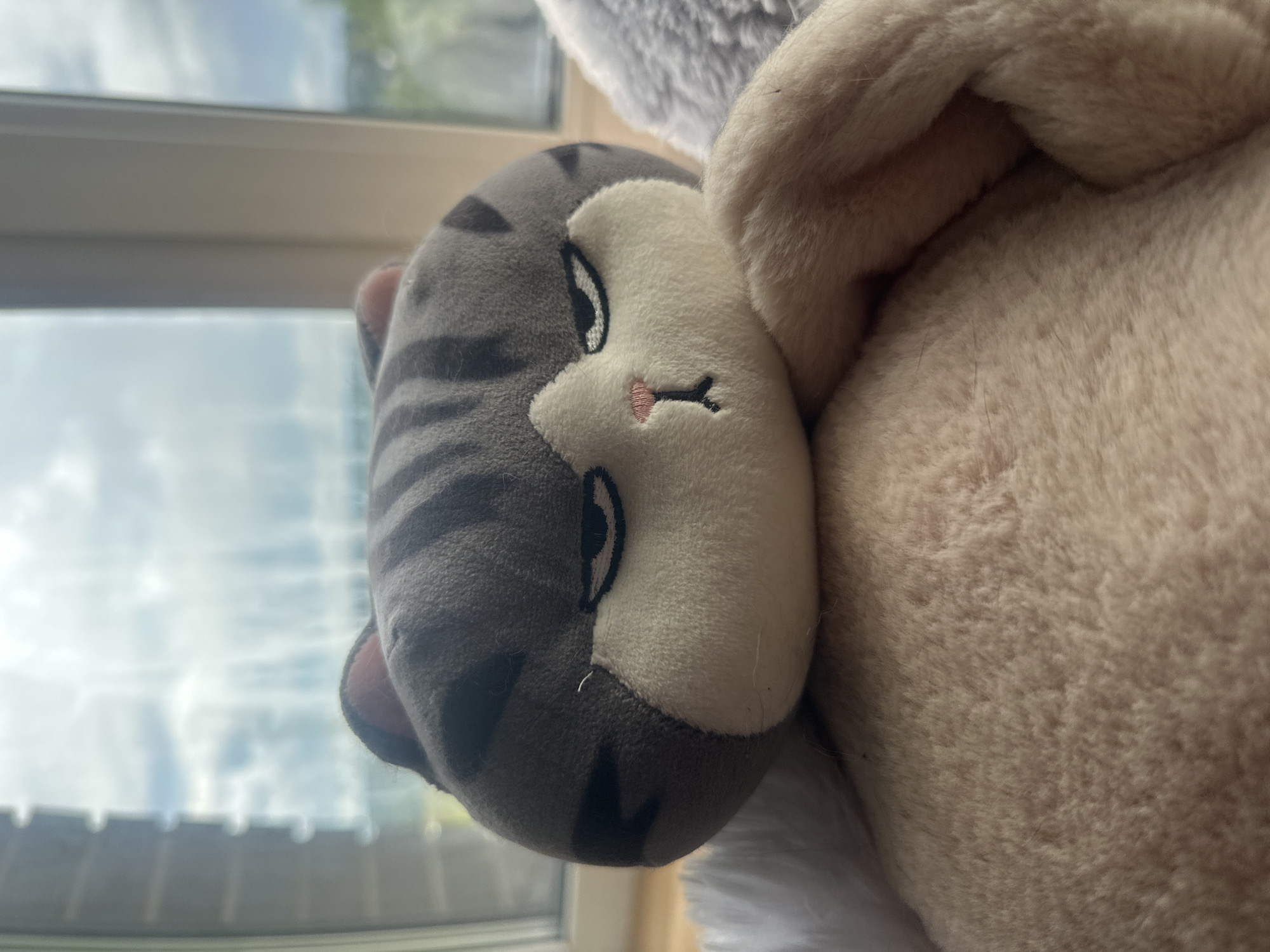 A close-up, eye-level shot shows a plush toy cat with grey tabby markings and a cream-colored face. The cat has its eyes closed in a grumpy expression, a small pink nose, and a black stitched mouth. The toy is resting on a soft, light brown, fuzzy surface, possibly a blanket or bed. In the background, out of focus, is a window with a view of a cloudy sky and hints of greenery and buildings, suggesting an urban or suburban setting. The toy's right side is partially obscured by a light gray fuzzy object, and a white fluffy material is visible on its left side. The image is taken indoors, near a window.