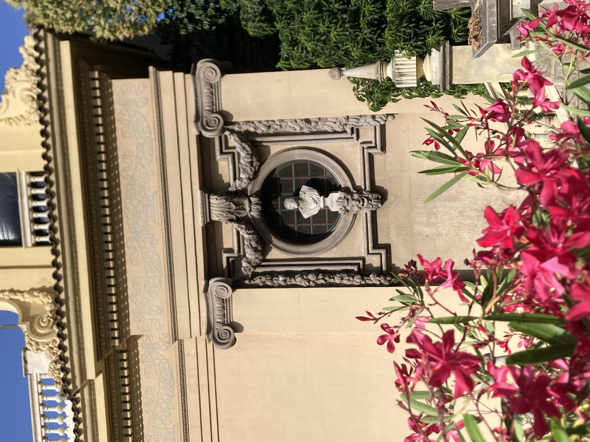 The image shows a close-up of a section of a building with elaborate architectural details, likely in Barcelona, Spain. In the foreground, vibrant pink flowers are in sharp focus, obscuring the lower part of the structure. The building is constructed of a light-colored stone, with decorative elements such as scrollwork, garlands, and a carved bust in a circular niche. Above the niche, a detail of a fresco or relief depicting a garland of grapes and leaves is visible. A balustrade can be seen along the roofline. To the right, lush green foliage and a stone obelisk-like structure suggest a garden or courtyard setting. The sky above is a clear, bright blue. The overall impression is one of an ornate historical building surrounded by vegetation, bathed in sunlight.