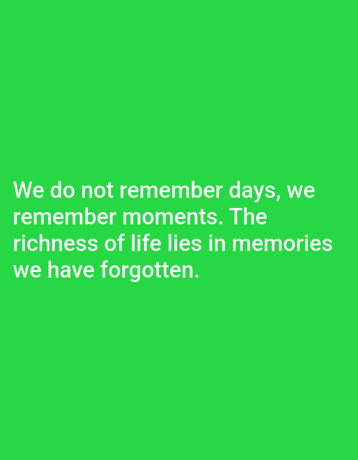 The image contains a motivational quote on a bright green background. The text reads: "We do not remember days, we remember moments. The richness of life lies in memories we have forgotten." There are no people, objects, or environmental details to describe. The location in Bukuru, Nigeria is not discernible from the image itself.