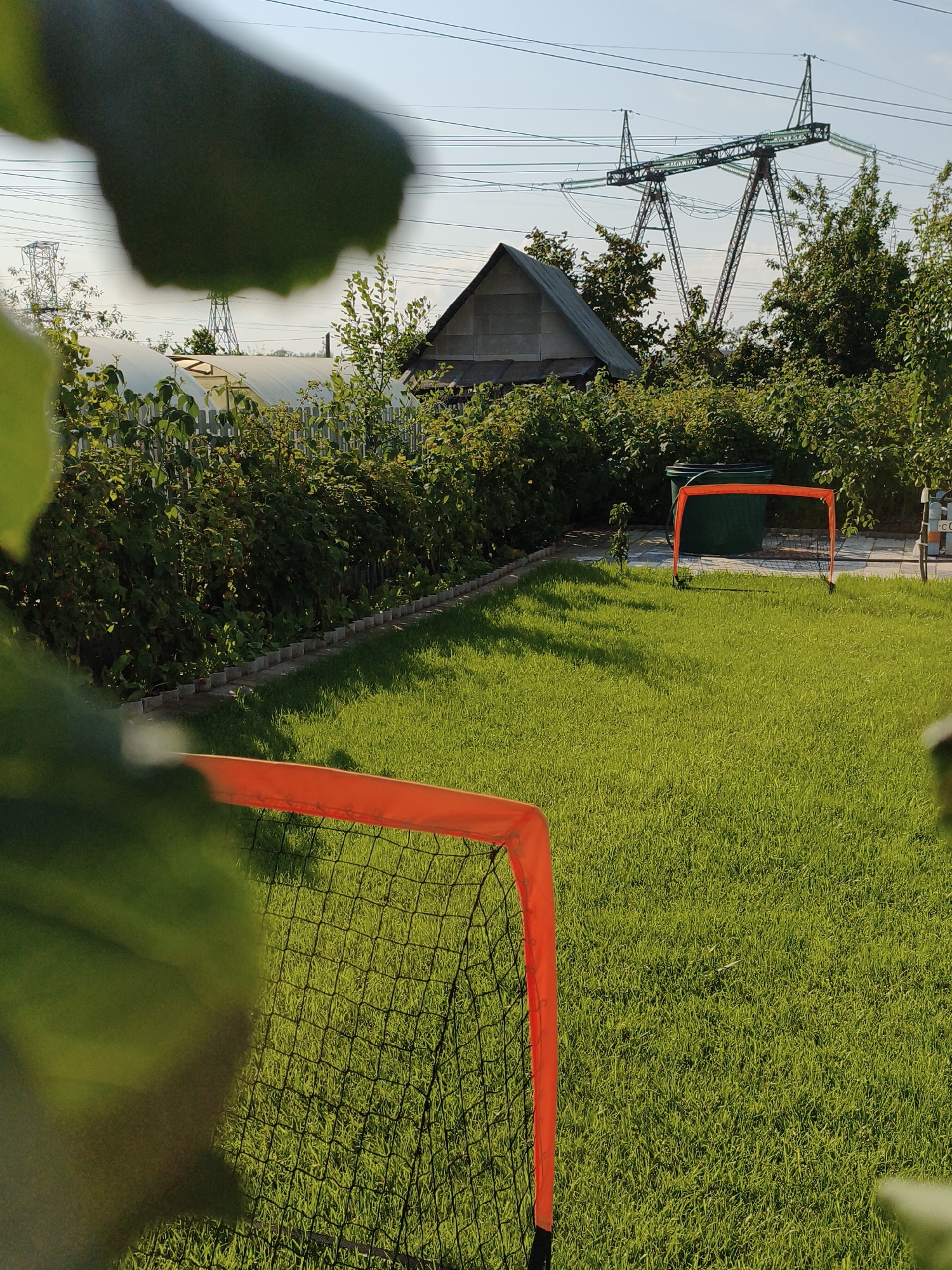 In a grassy backyard in Chaikovsky, Russia, a soccer goal made of orange tubing and black netting is visible in the foreground, partially obscured by blurred green foliage. Another similar soccer goal stands in the middle ground, near a large green trash bin. Beyond the goals, a white fence separates the yard from a lush green hedge, behind which sits a small, gray-roofed building. In the distance, towering power lines and electrical pylons dominate the sky. The scene is illuminated by natural daylight, casting shadows across the well-maintained lawn.