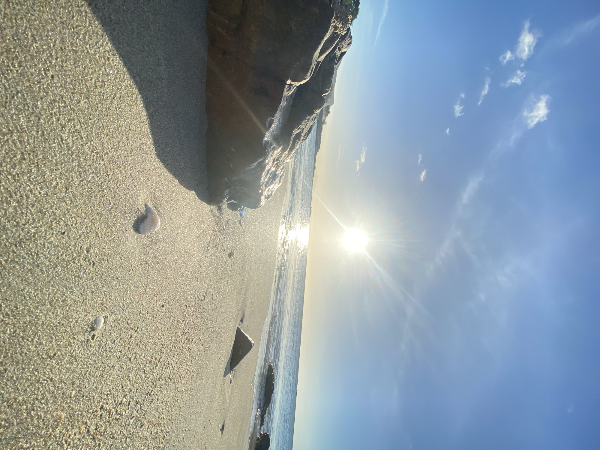 The image depicts a sunlit beach scene in Juan Griego, Venezuela, under a clear blue sky. The sun, appearing as a bright, starburst light source, is low over the ocean in the upper right-center, reflecting on the water's surface towards the viewer. The sky exhibits minimal, wispy white cloud formations in the upper left quadrant. The ocean is calm with small, gentle waves breaking near the sandy shore. In the foreground, a large, dark, wet rock occupies the left side, casting a significant shadow onto the sand. A smaller, dark, triangular rock is partially embedded in the sand closer to the waterline in the mid-ground right. Two light-colored seashells are visible on the wet sand in the foreground: one larger, fan-shaped shell to the right of the large rock, and a smaller, elongated shell further right. Distant land with visible vegetation and faint structures is discernible on the horizon to the left of the sun's glare. The scene is devoid of human presence or activity.