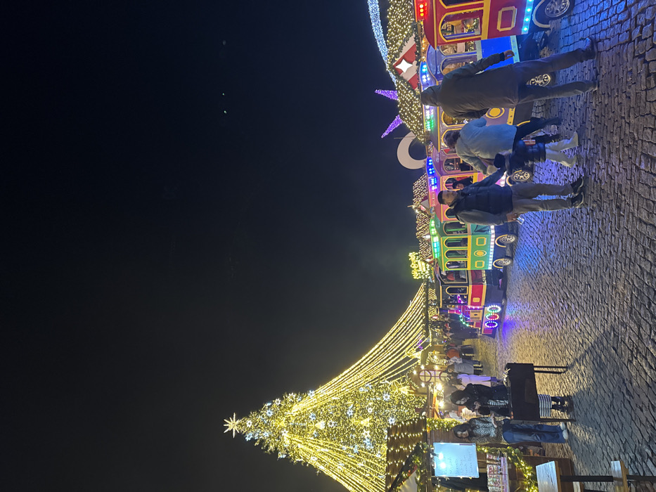 A nighttime scene features a brightly lit Christmas tree and a colorful train ride. People are lined up for the train, and others are gathered near the tree. The ground is paved with stones. A few signs are visible near some booths. The sky is dark and mostly empty.